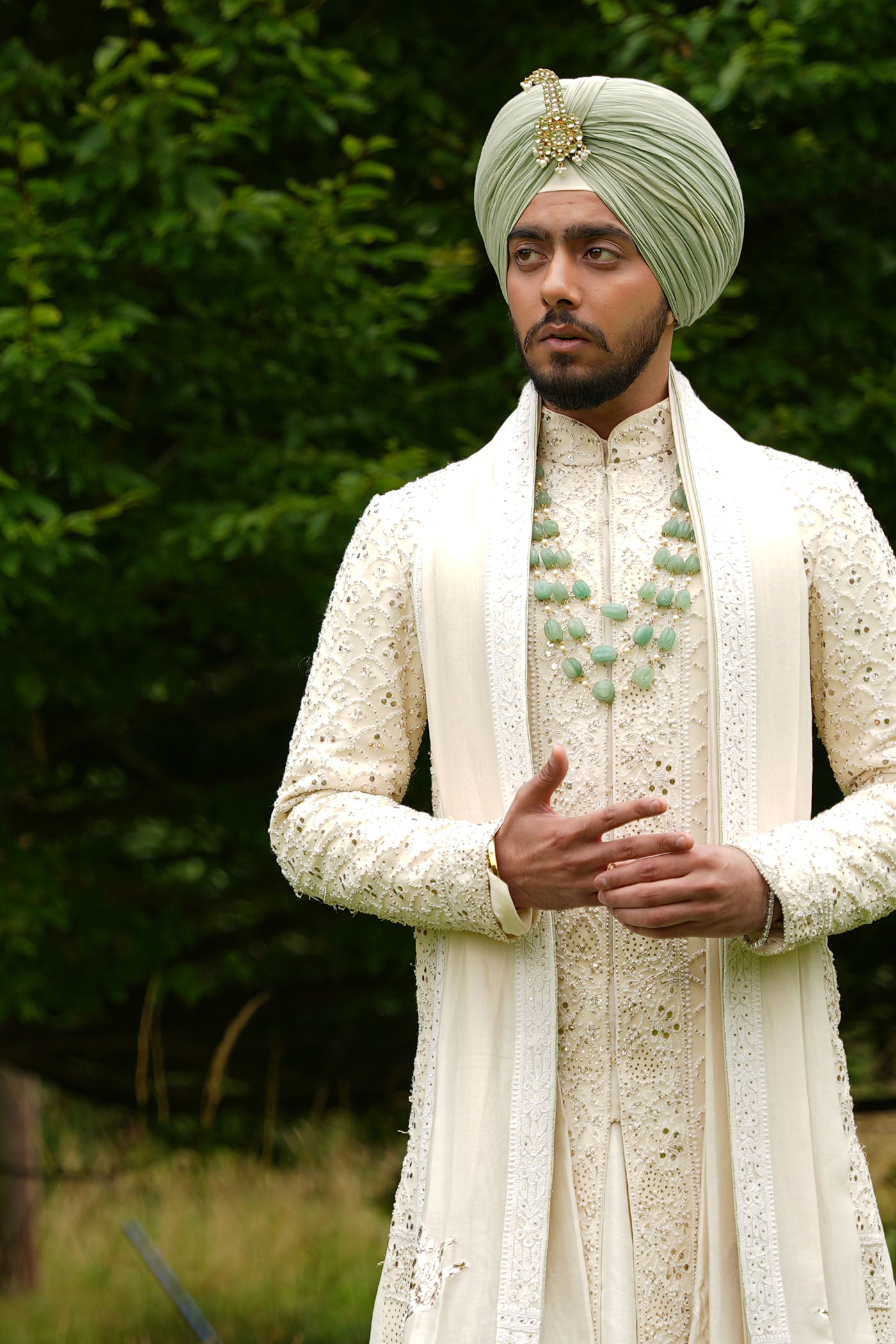 Ivory Chikankari Sherwani With Dupatta