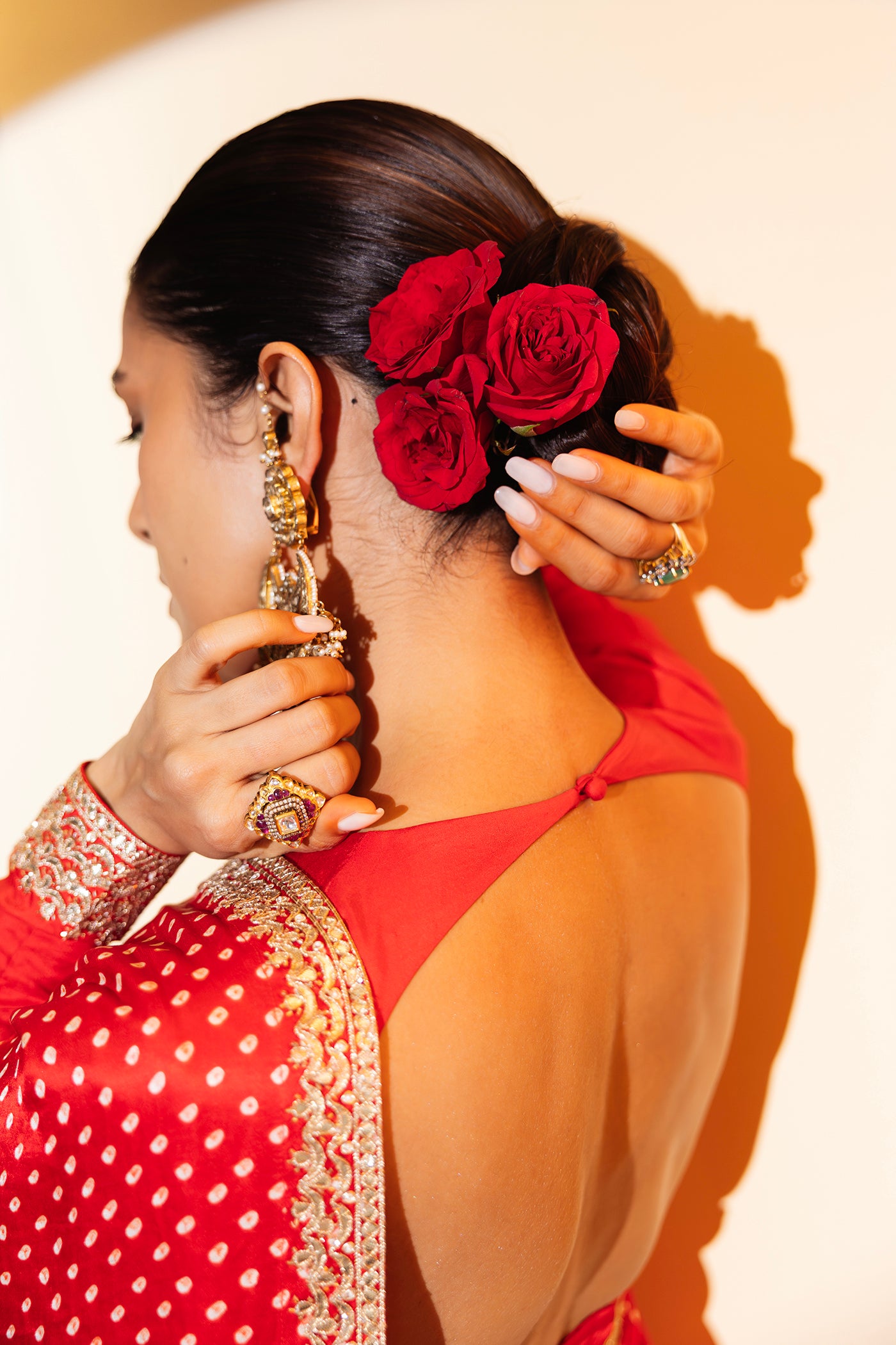 Red Bandhani Gota Work Saree Set