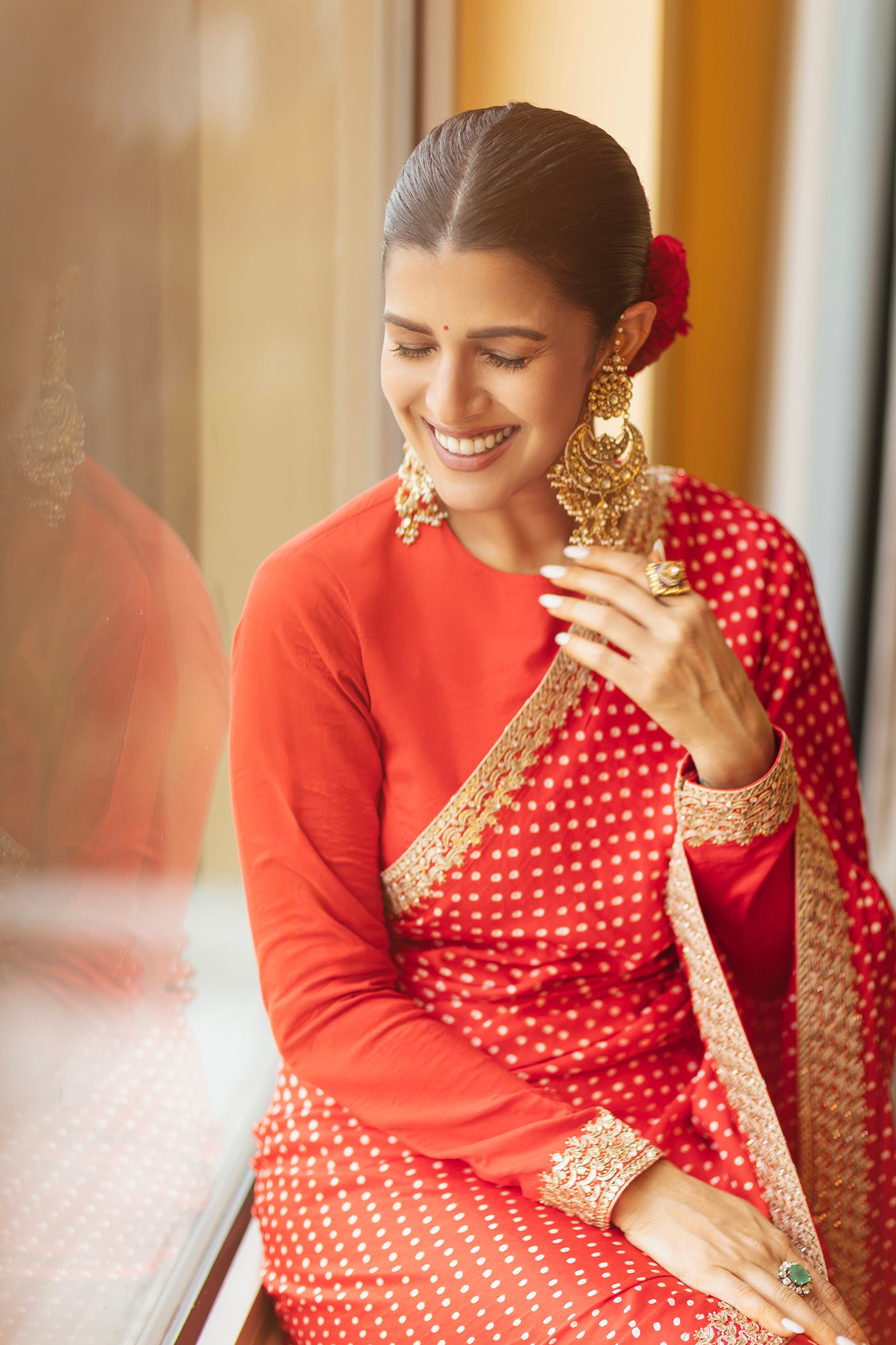 Red Bandhani Gota Work Saree Set