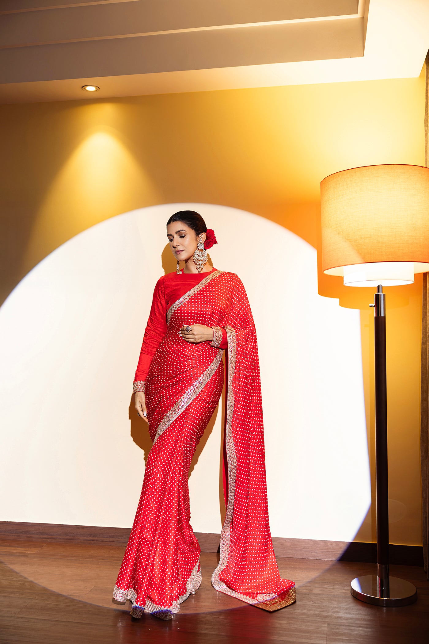 Red Bandhani Gota Work Saree Set