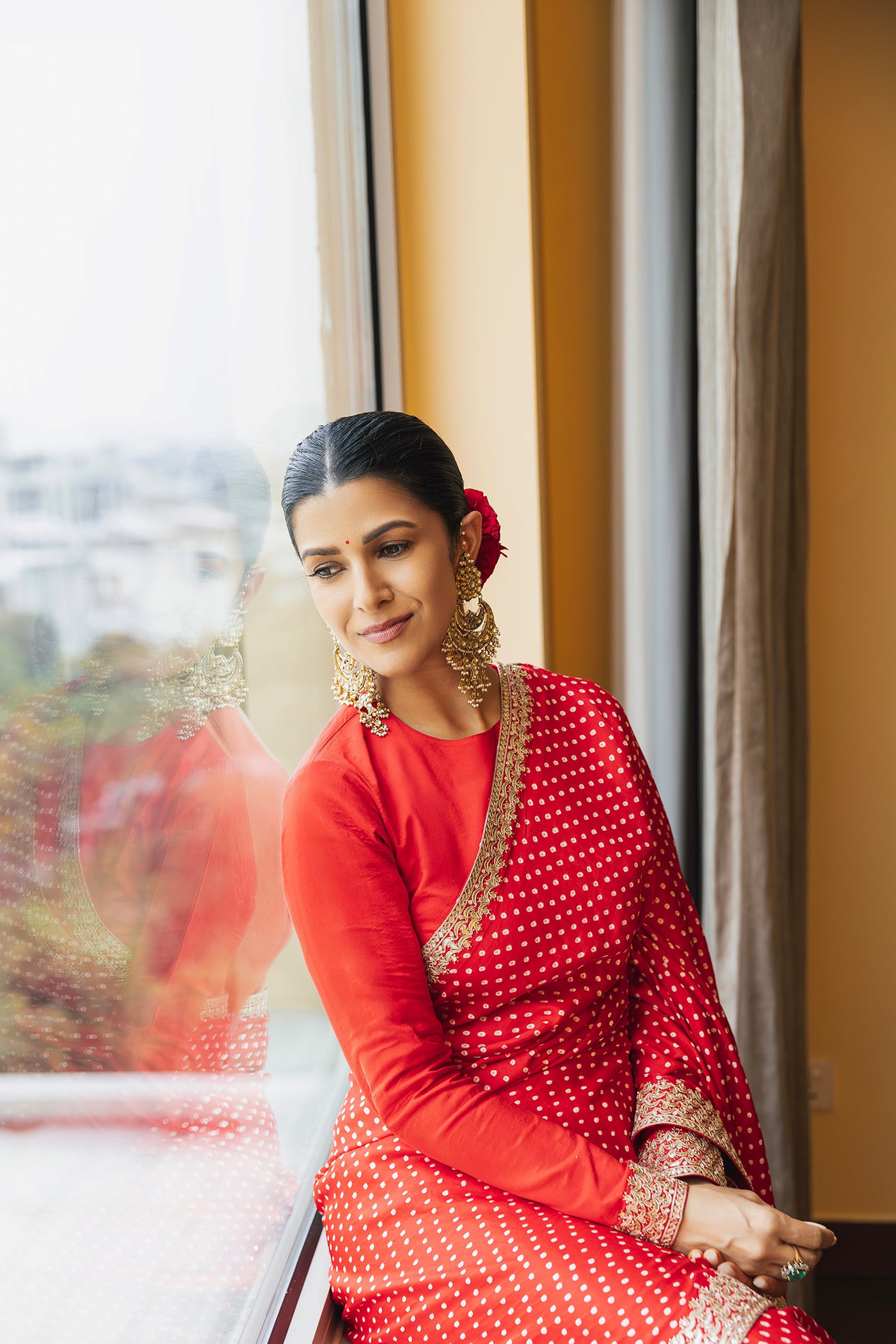 Red Bandhani Gota Work Saree Set