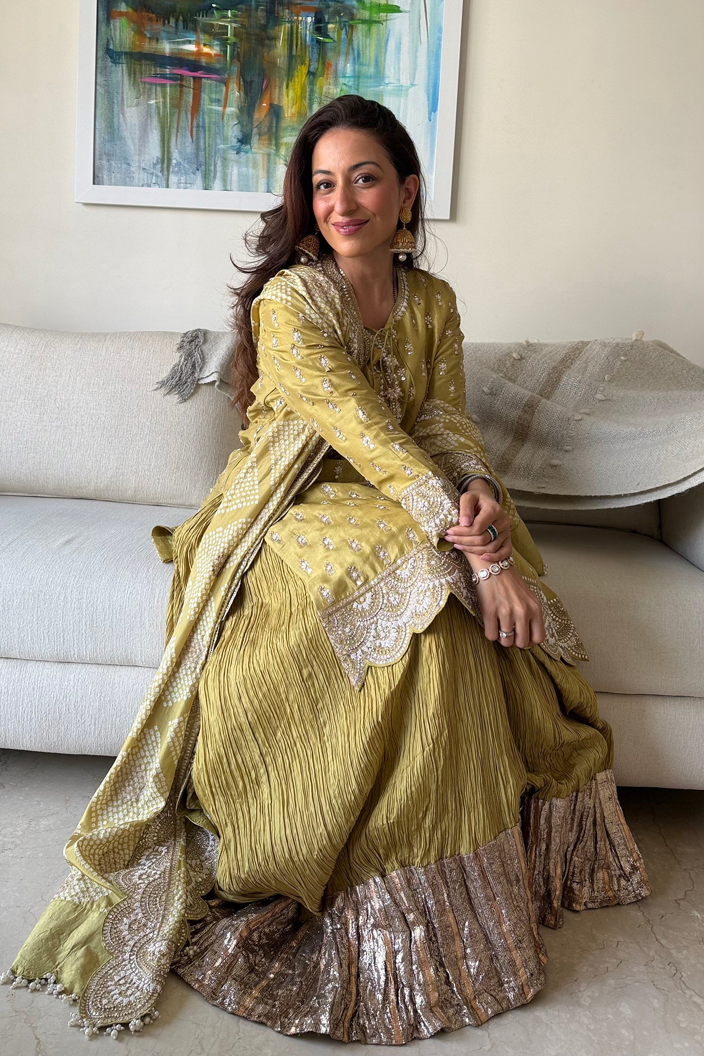 Olive Embroidered Kurta Sharara Set