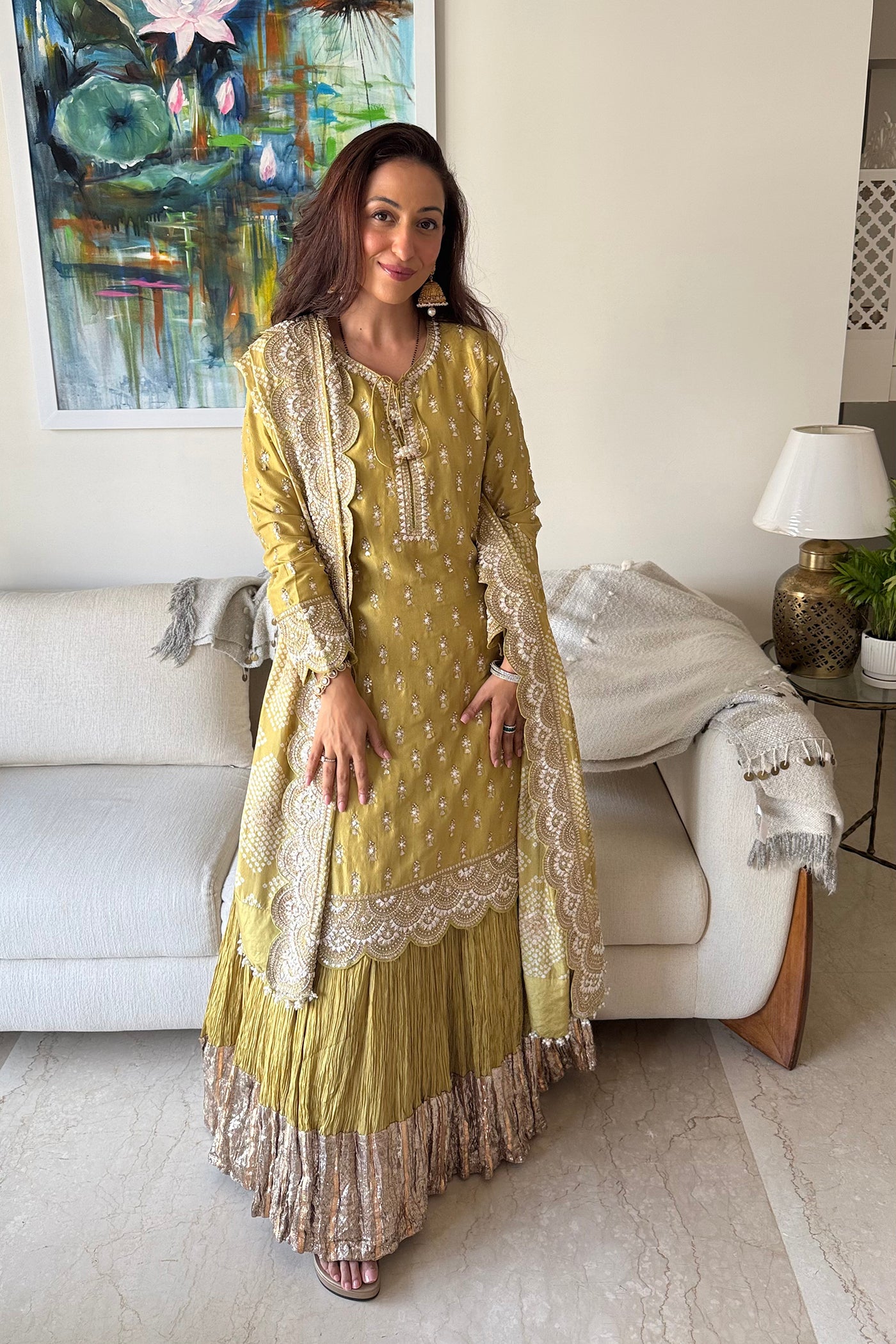 Olive Embroidered Kurta Sharara Set