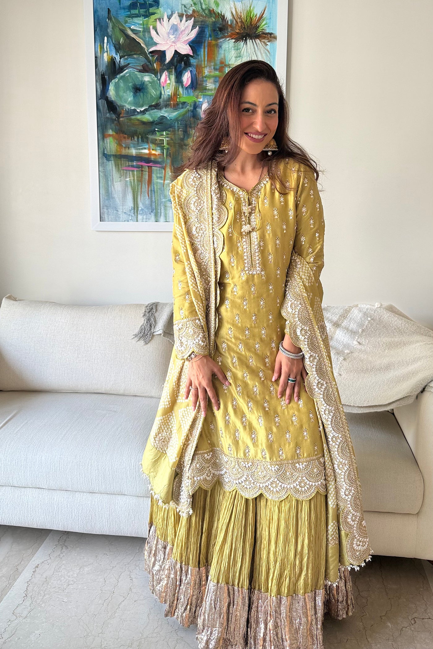 Olive Embroidered Kurta Sharara Set