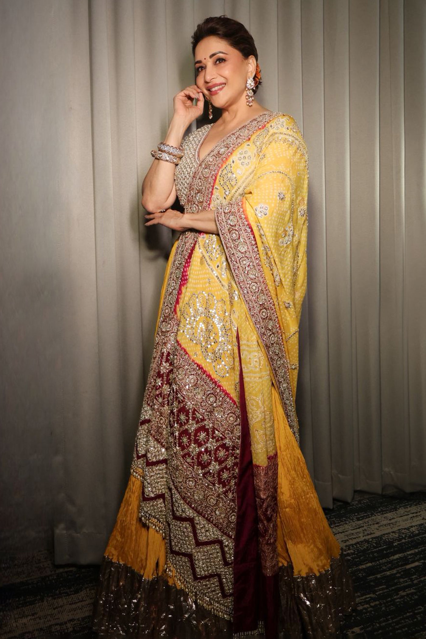 Yellow silk crush lehenga set with bandhani dupatta