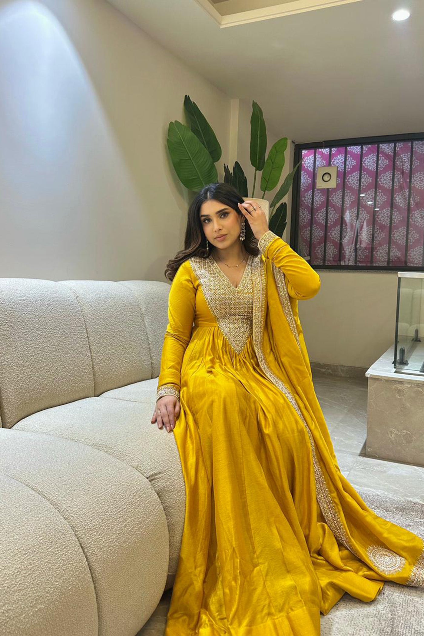 ASNA OBEROI In Yellow chanderi silk anarkali set