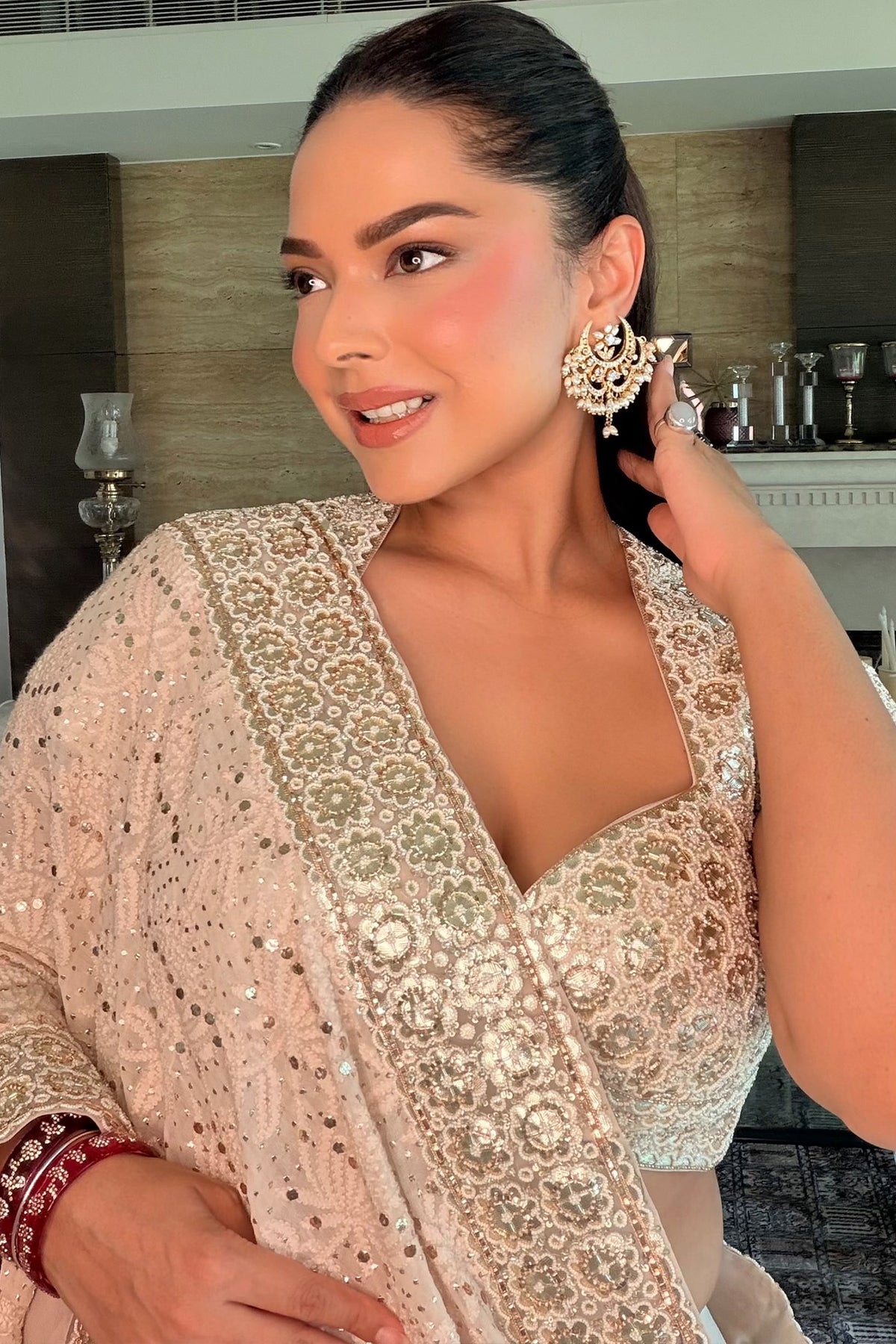 CHANDNI GIRDHAR IN Ivory Chikankari Saree with Mustard Pallu
