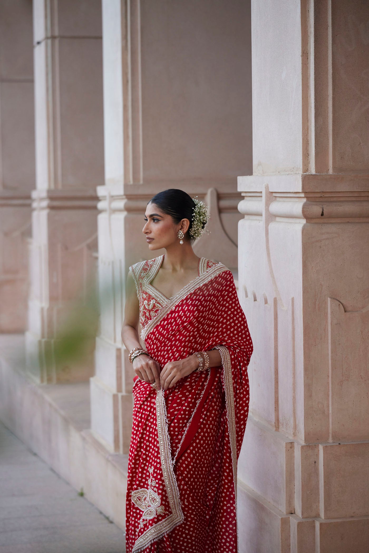 RED BANDHANI SAREE SET