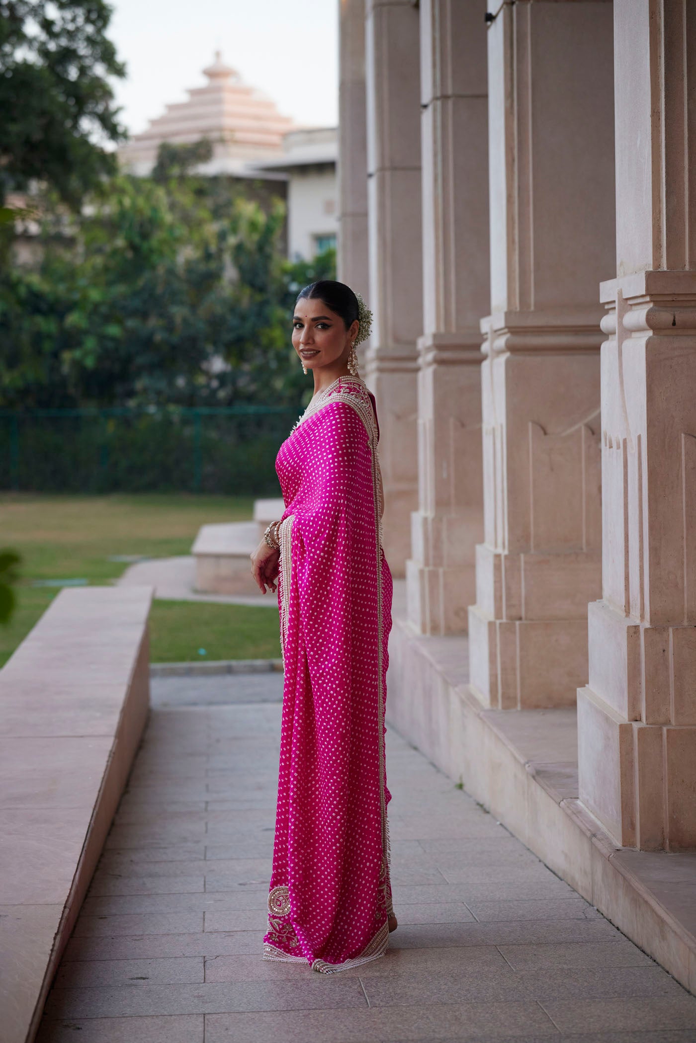 FUSCHIA PINK GAJJI SILK BANDHANI SAREE SET