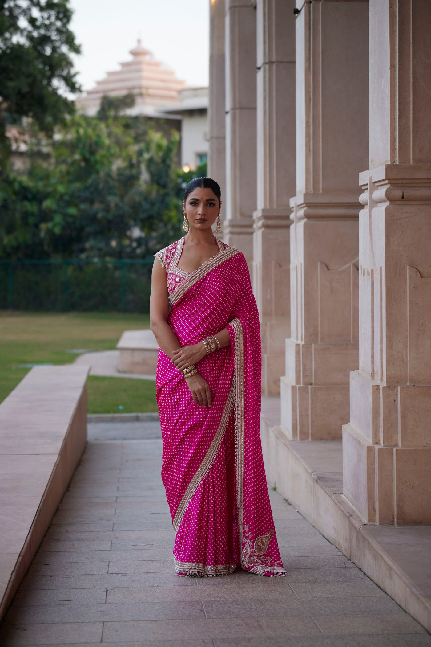 FUSCHIA PINK GAJJI SILK BANDHANI SAREE SET