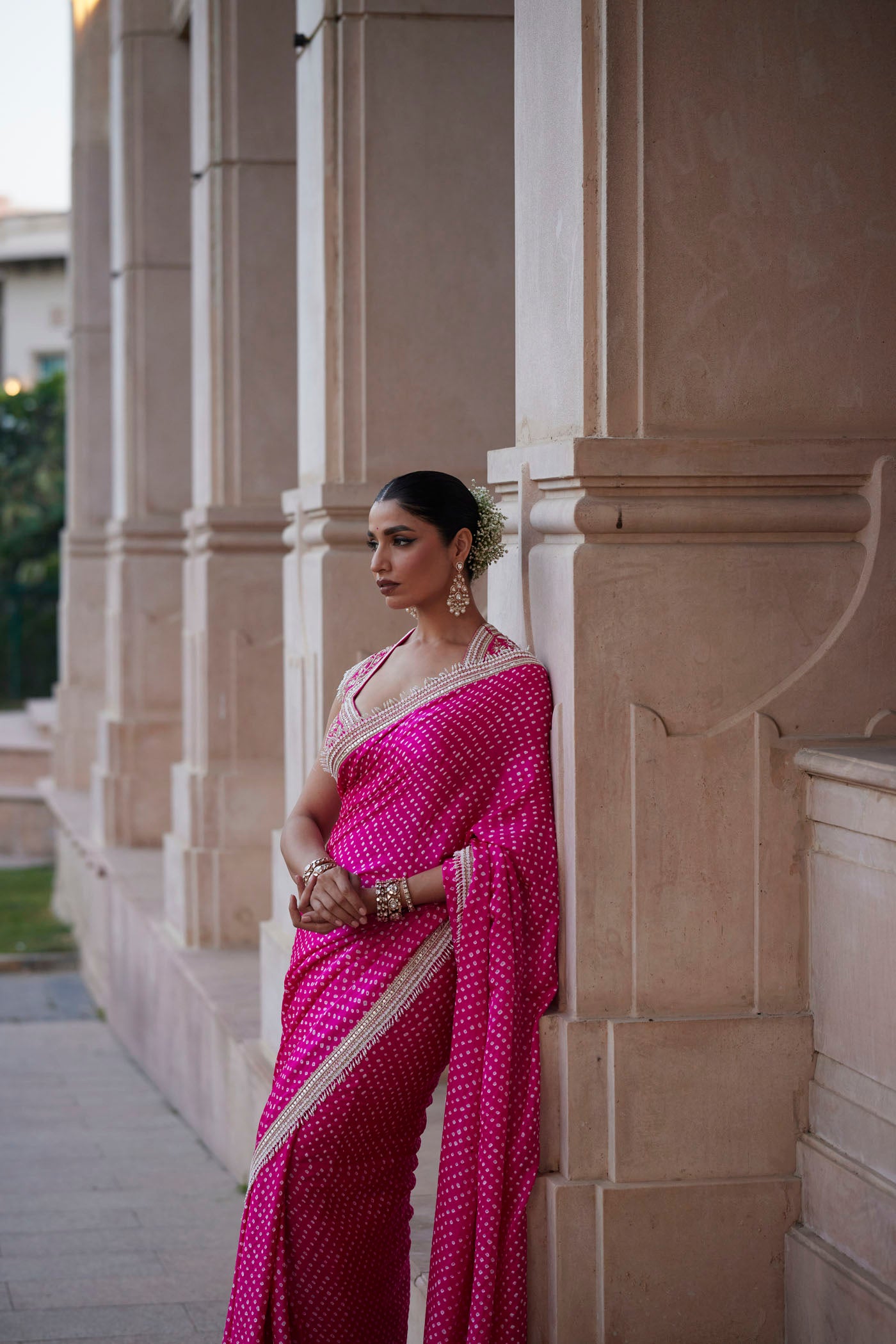 FUSCHIA PINK GAJJI SILK BANDHANI SAREE SET