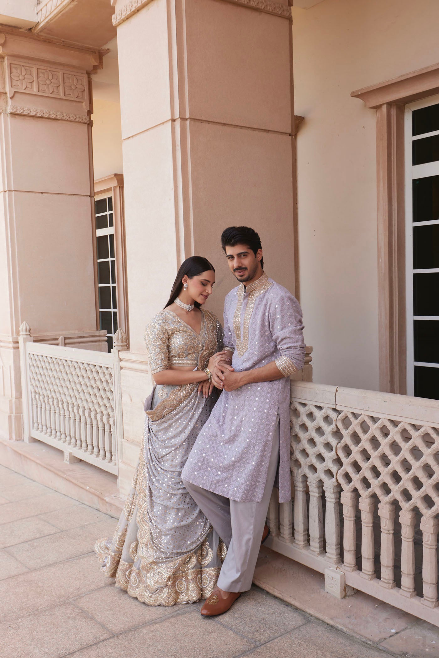 Grey Embroidered Lehenga Saree Set