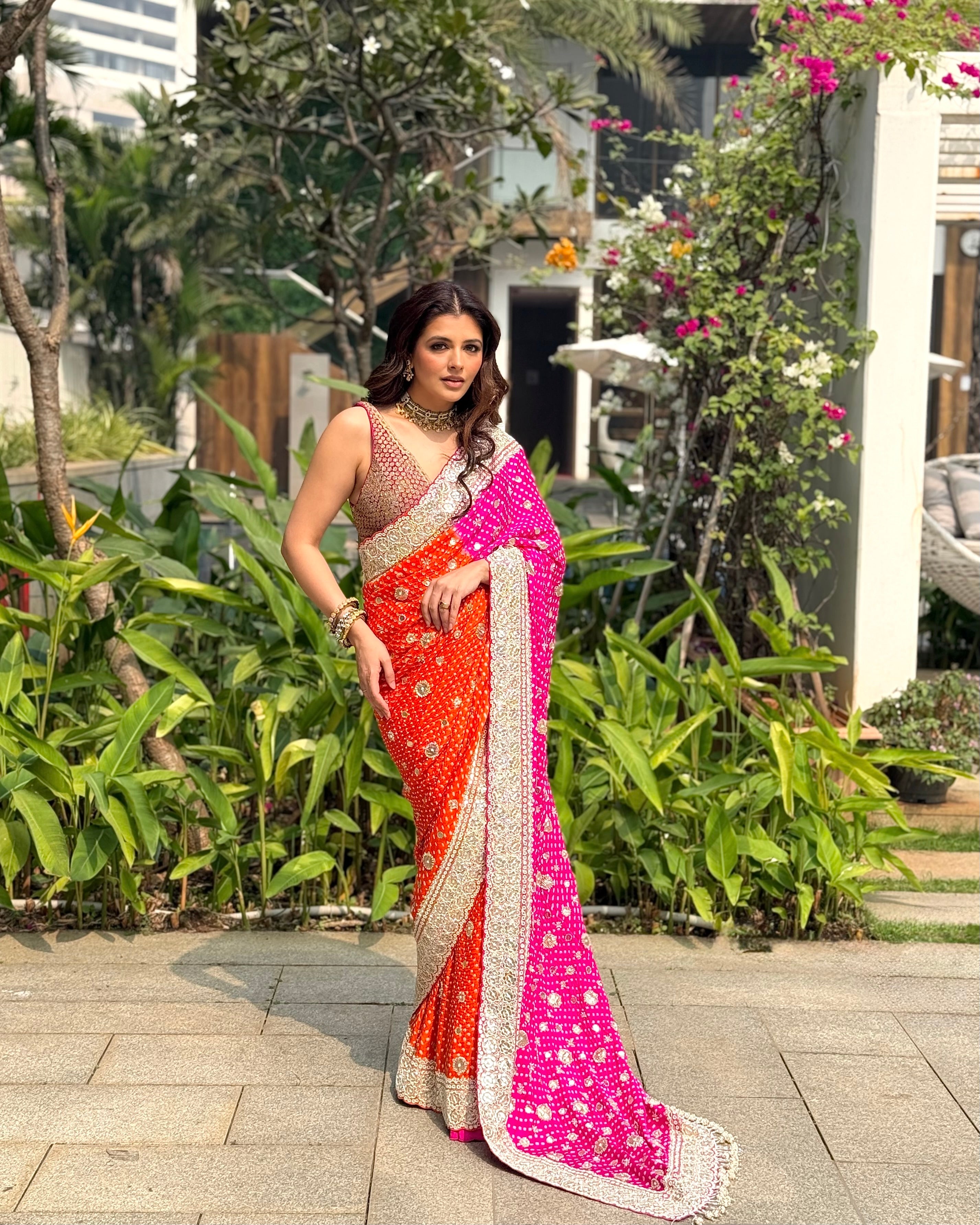 NATASHA LUTHRA In Orange pink bandhani saree