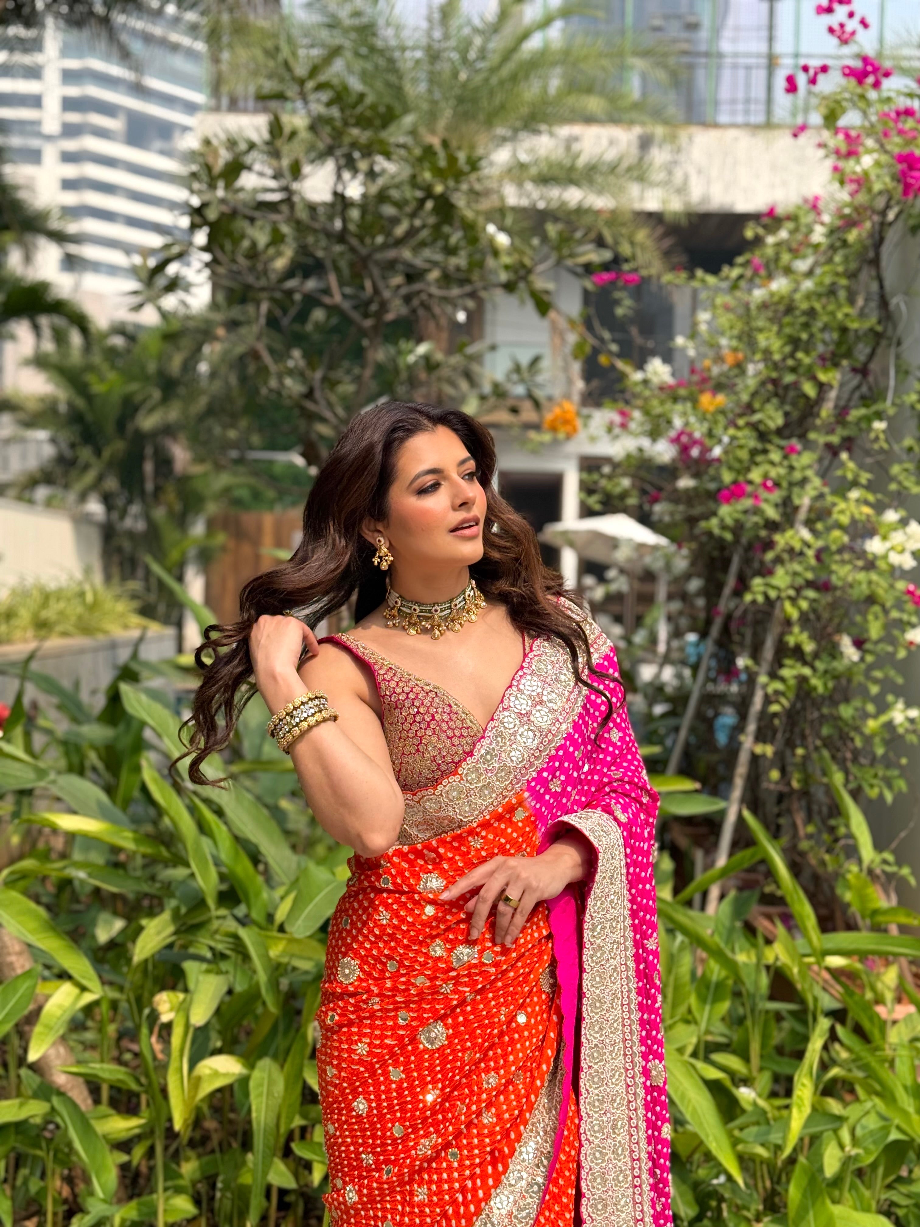NATASHA LUTHRA In Orange pink bandhani saree