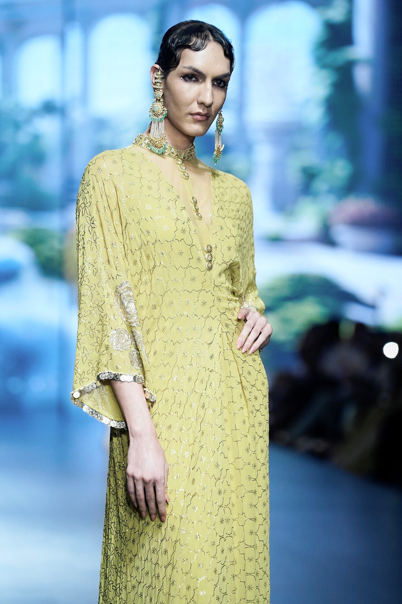 Olive green Embellished Kaftan Dress