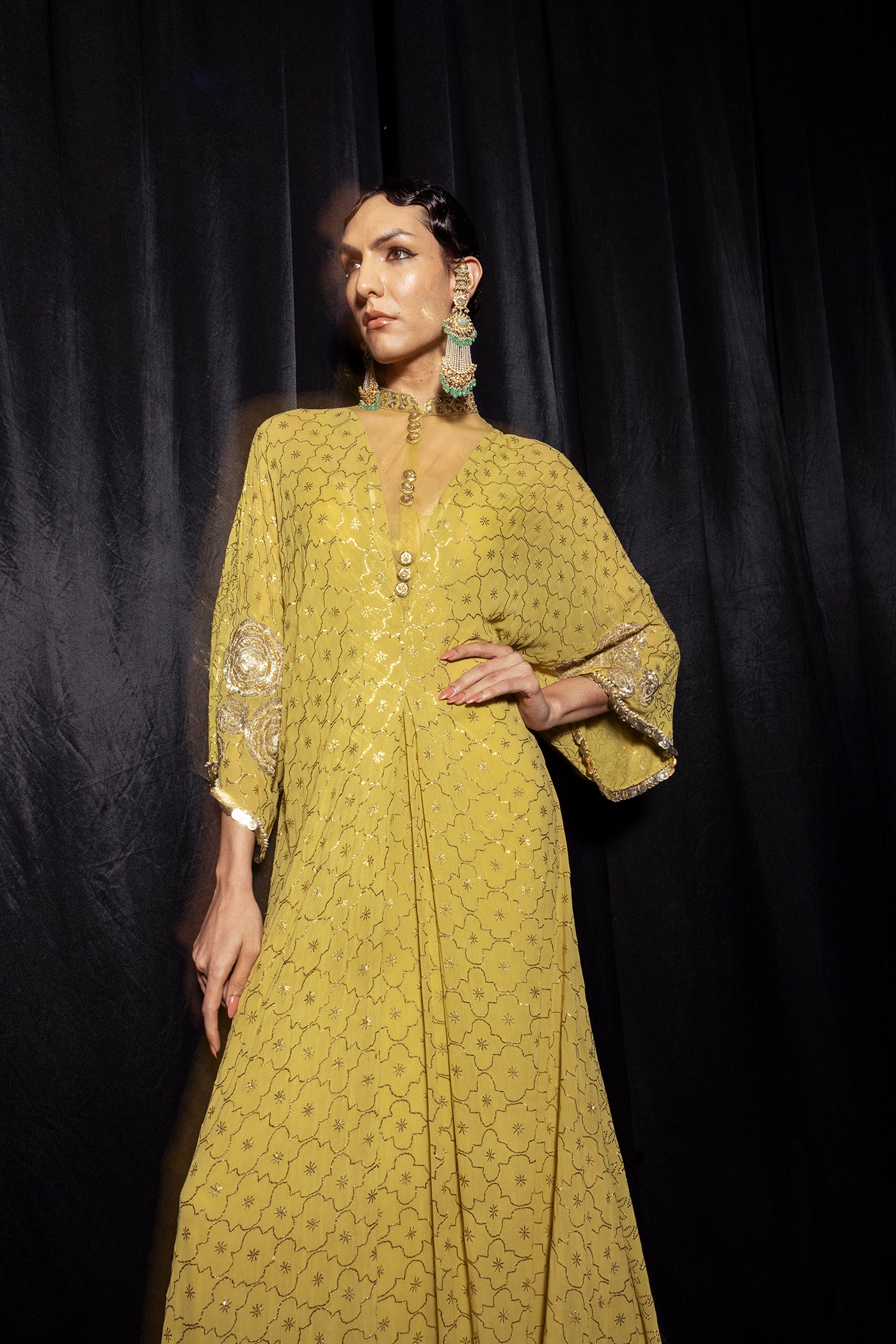 Olive green Embellished Kaftan Dress