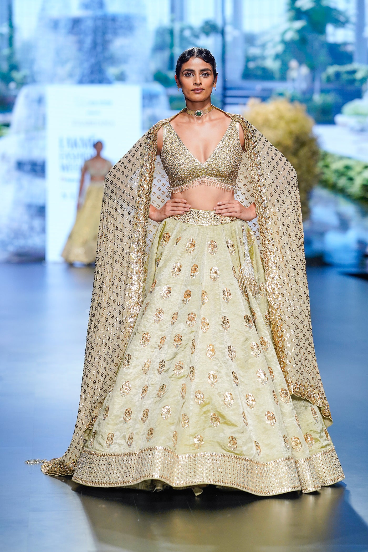 Pista green Embellished banarasi Lehenga Set