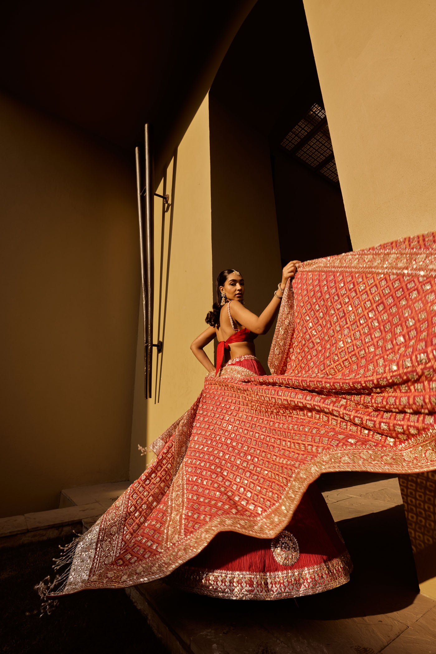 Red Silk Crushed Lehenga Set