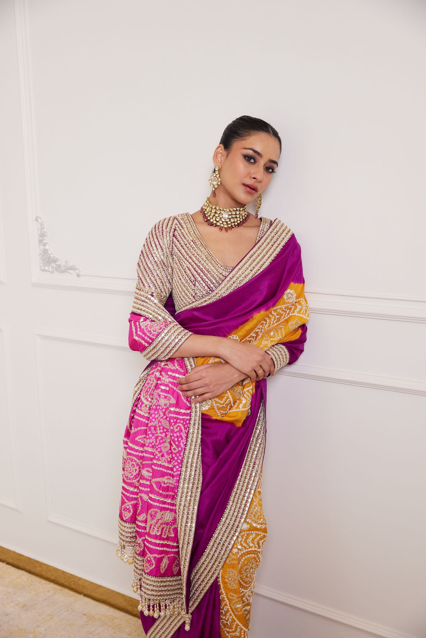 purple bandhani saree