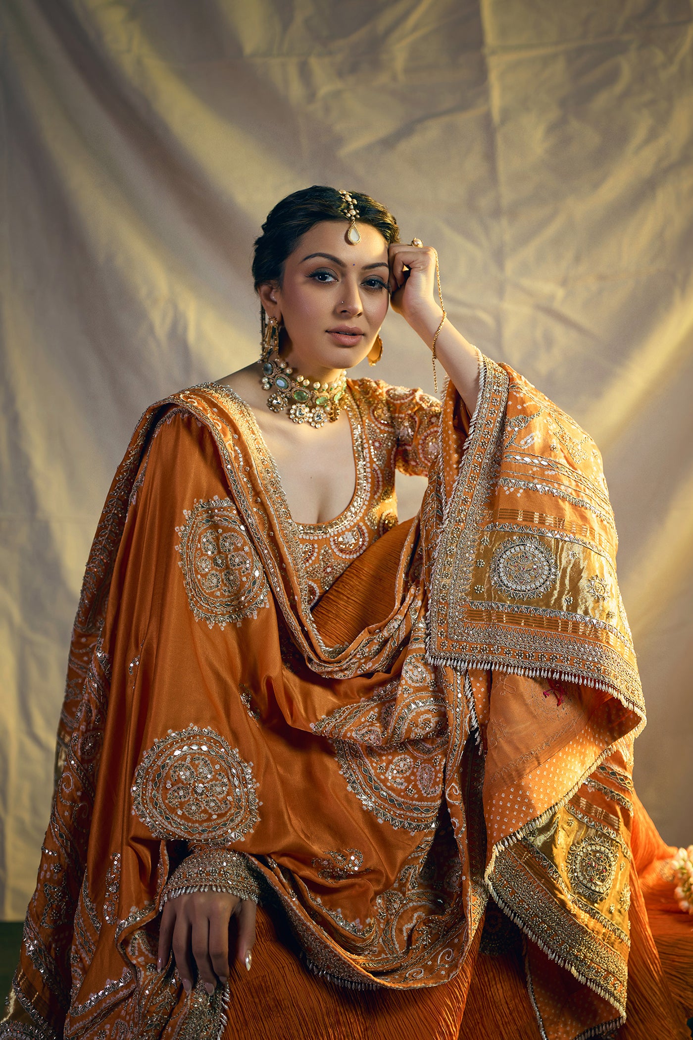 BURNT ORANGE CRUSHED SILK LEHENGA SET