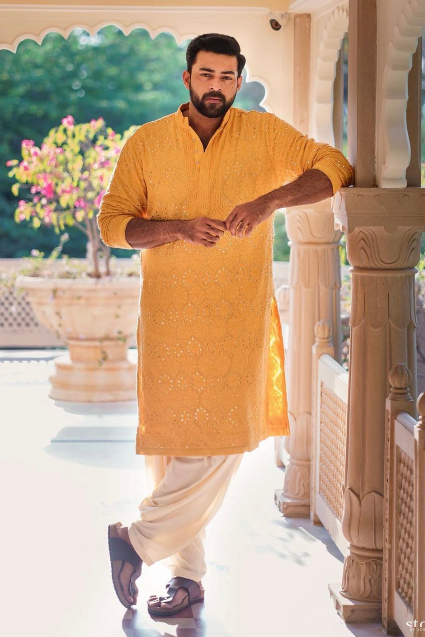 Mustard Chikan Embroidered Kurta Set