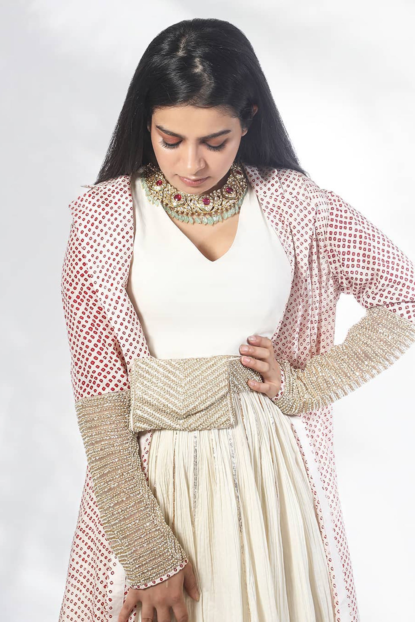 White Bandhani Jacket With Inner