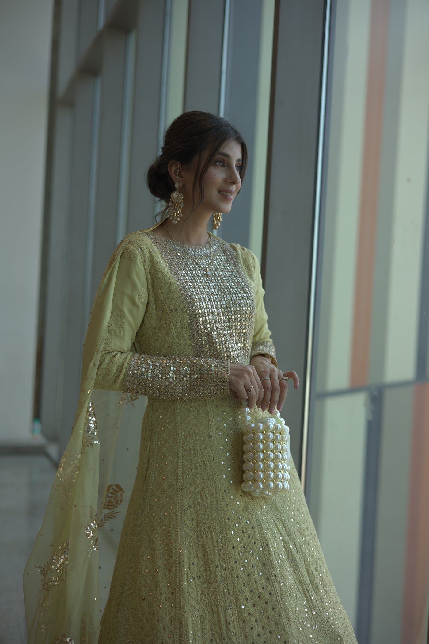 Pista Green Georgette Lucknowi Anarkali Set