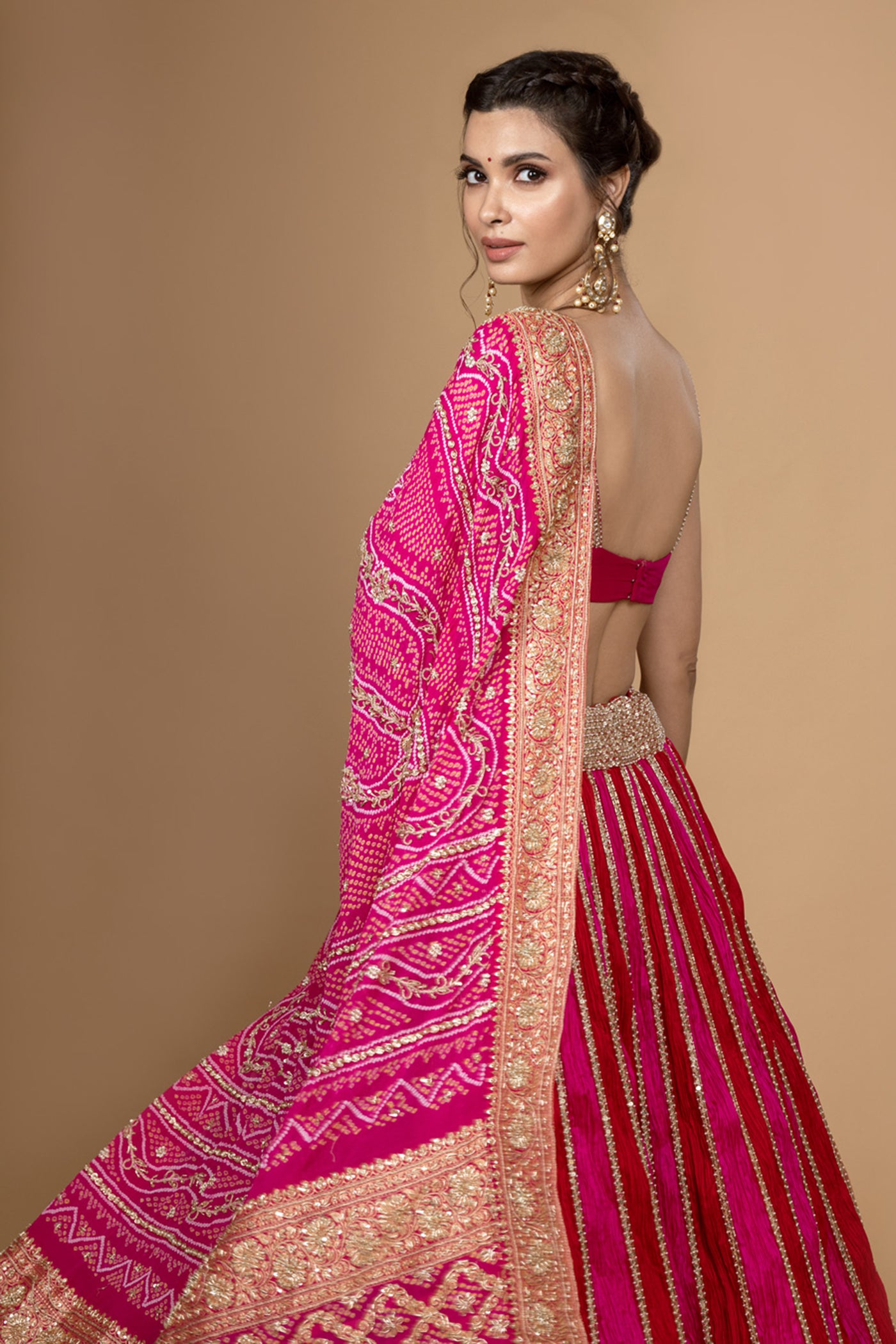 Red & Pink Crushed Lehenga Set