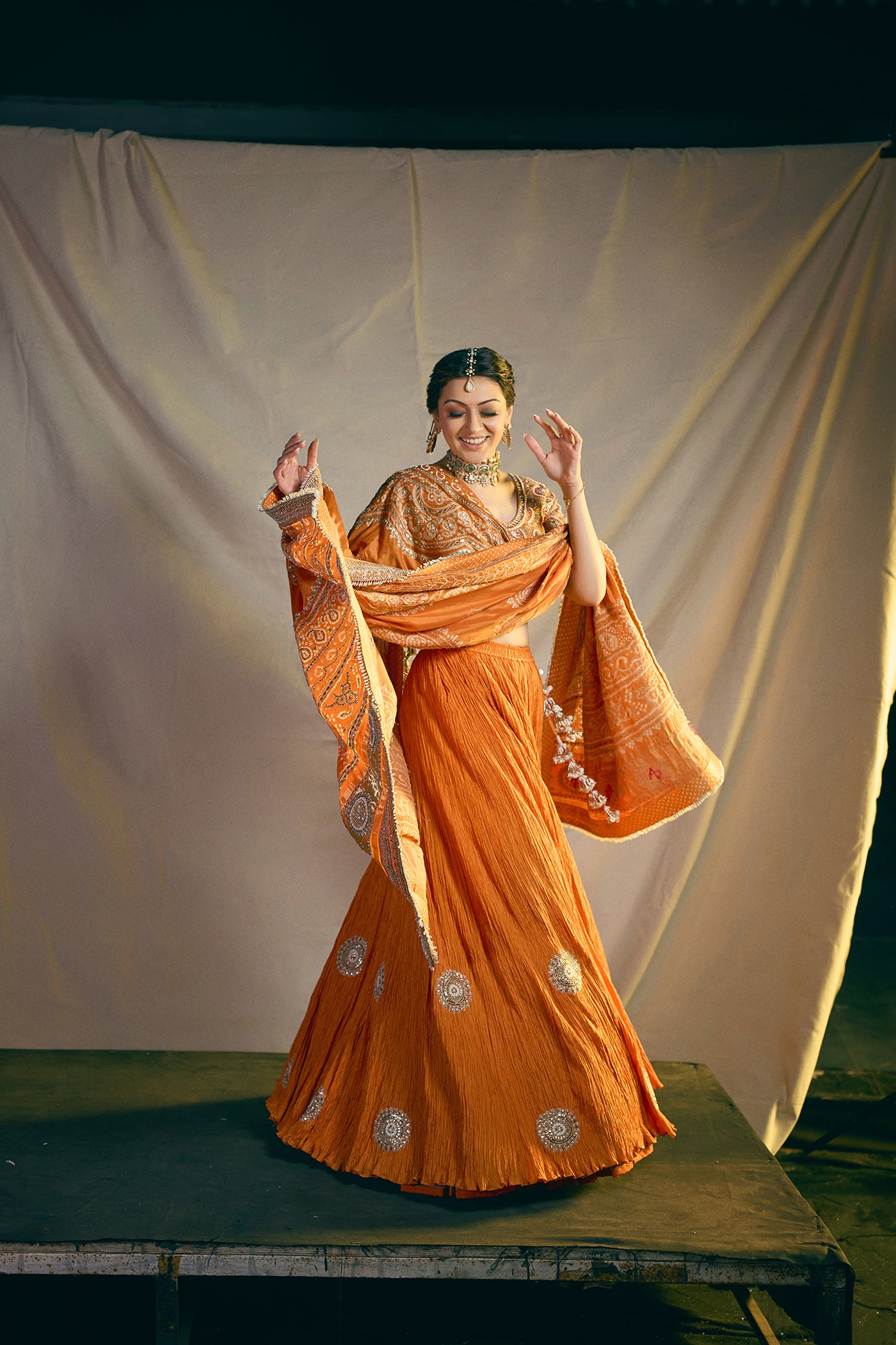 BURNT ORANGE CRUSHED SILK LEHENGA SET