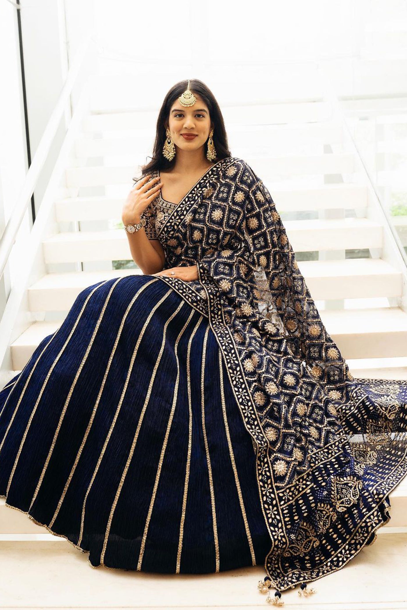 Dark Navy Blue Crushed Silk Lehenga Saree Set