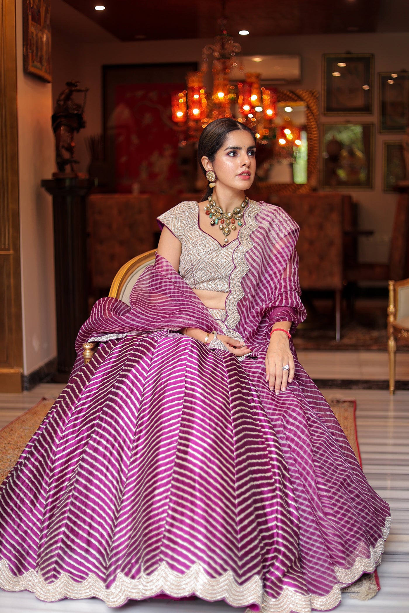 Purple Organza Leheriya Lehenga Set