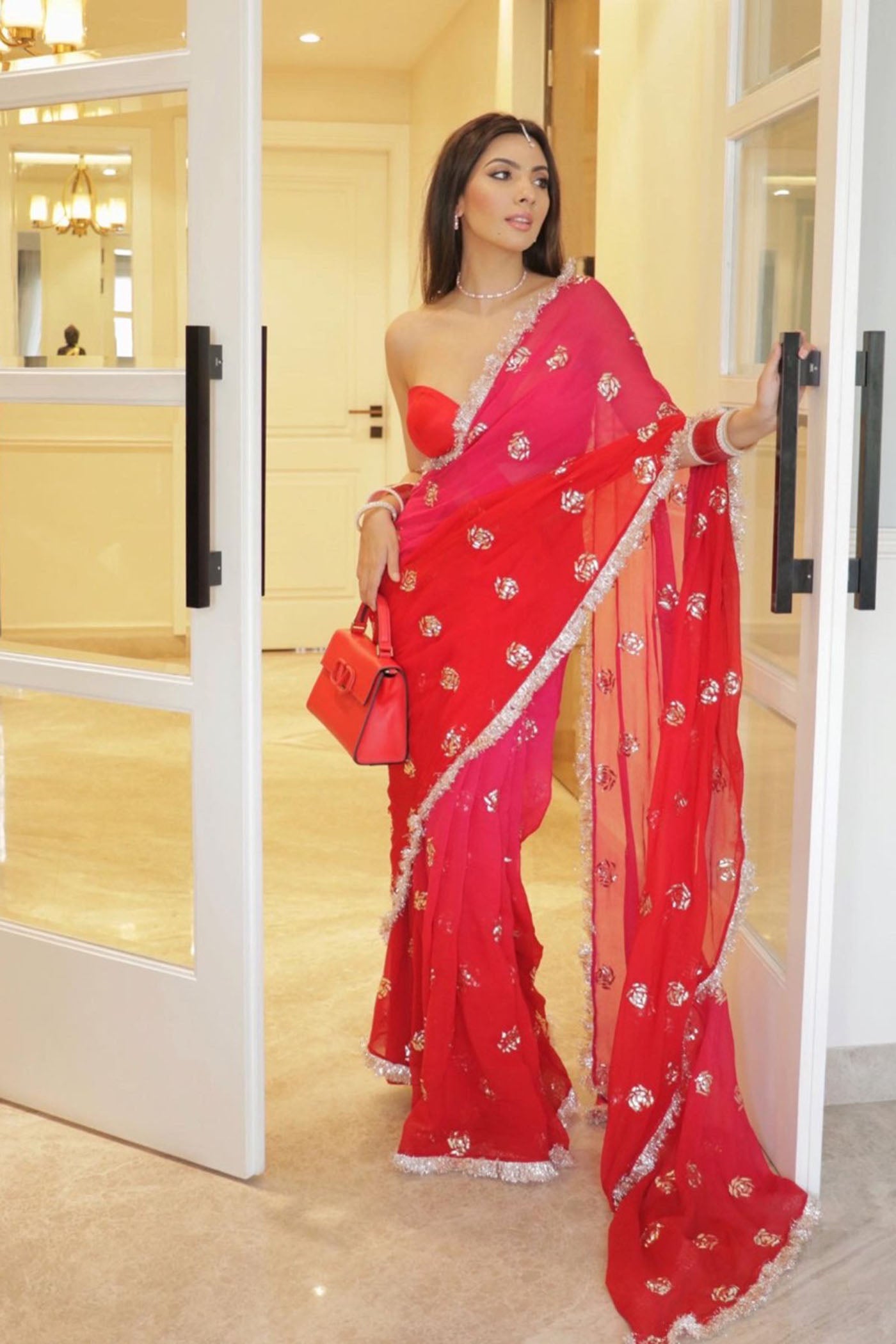 Cadmium Red Georgette Saree Set