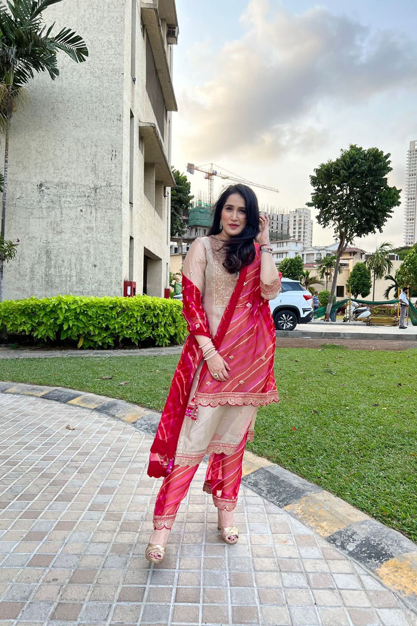 golden Embroidered Kurta Set with Red-Pink leheriya Dupatta