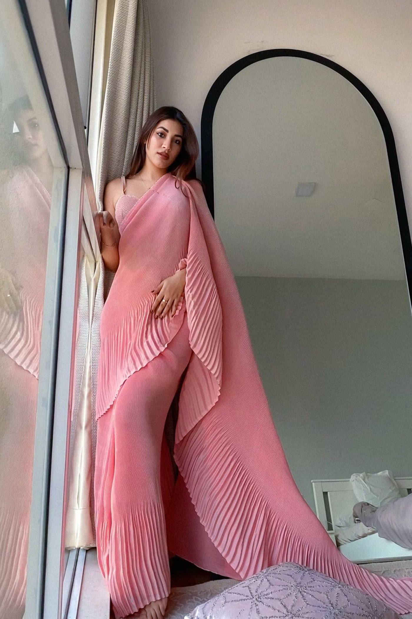 Light Pink Pleated Italian Silk Pre-Stitched Saree