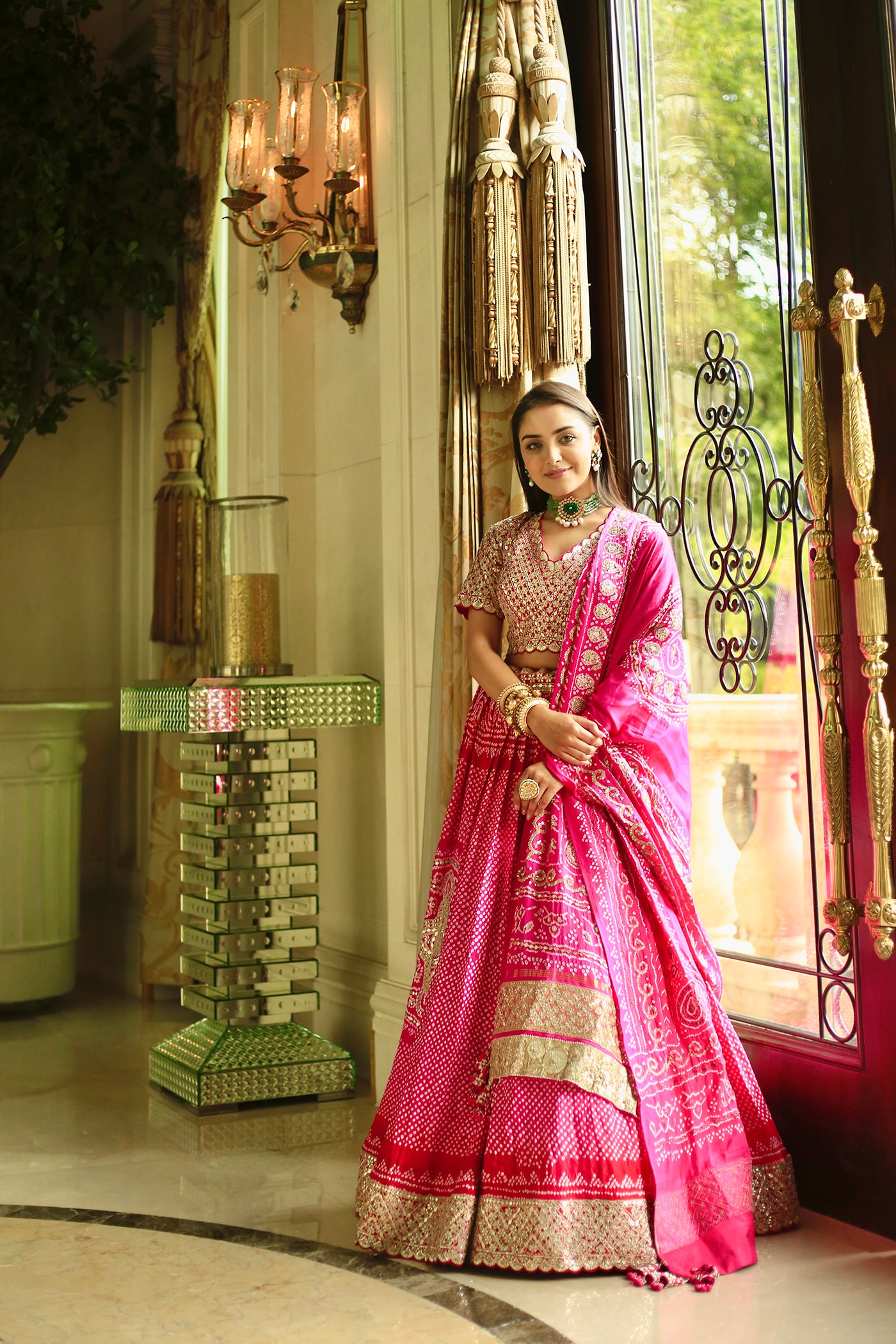 Pink Silk Embroidered Bandhni Lehenga Set