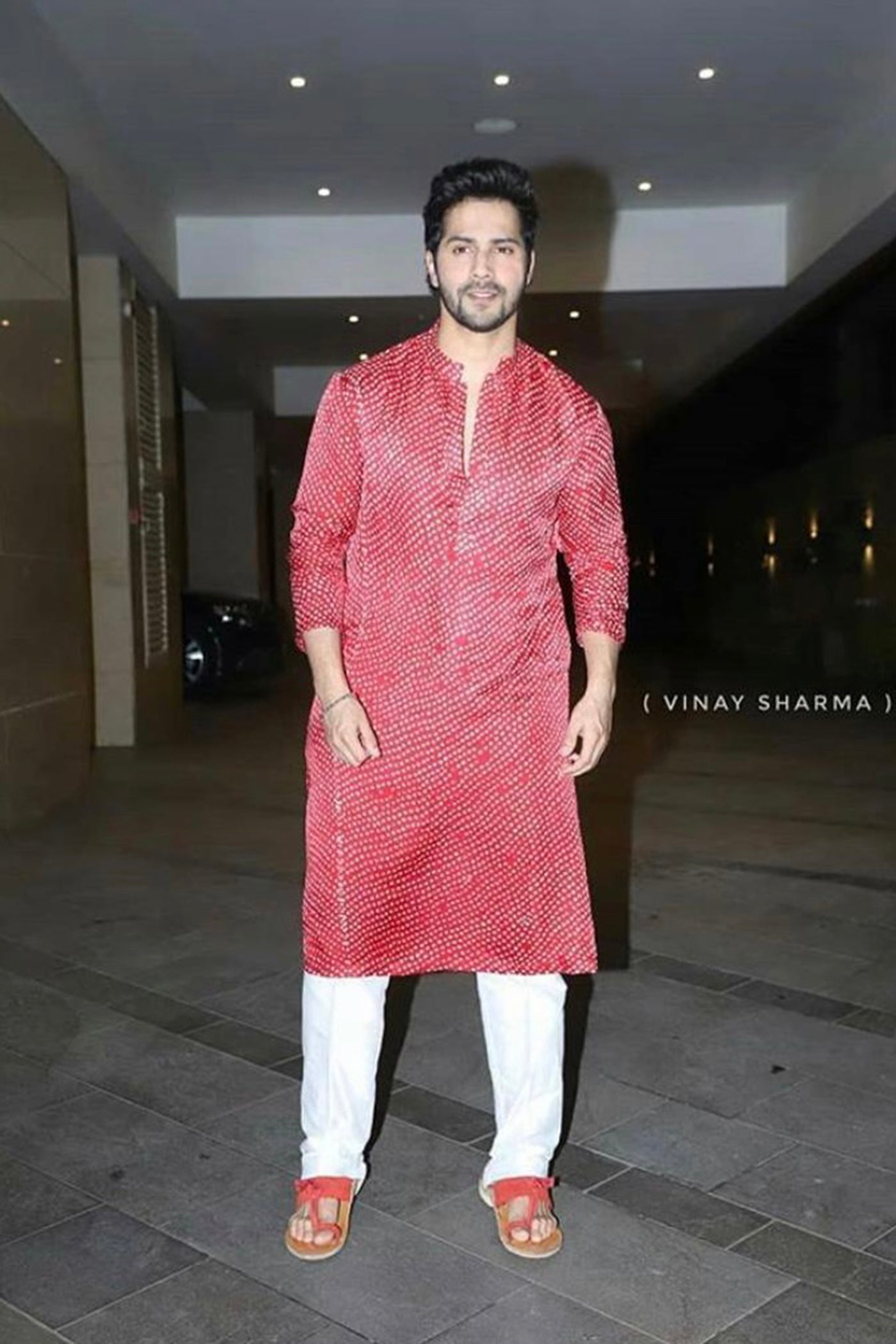 Red Bandhani Kurta with White Pants