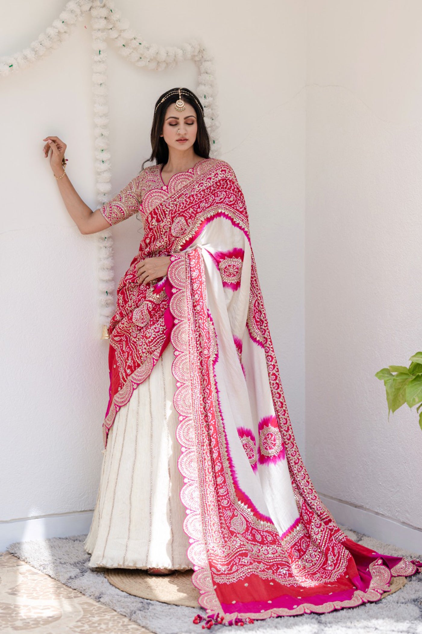 Ivory Crush Lehenga With Blouse And Ivory/Pink Bandhani Dupatta