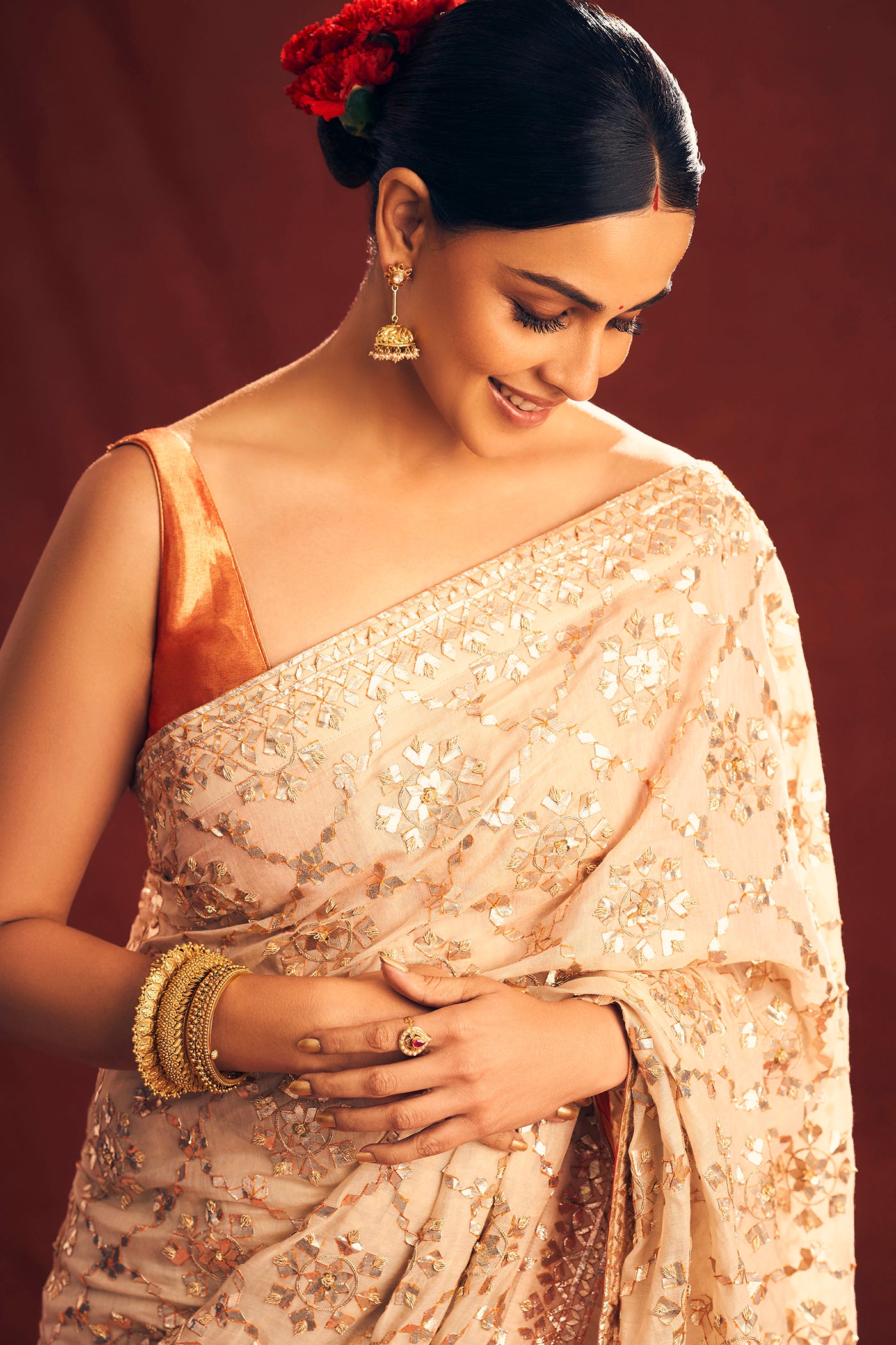 Beige Embroidered Saree Set