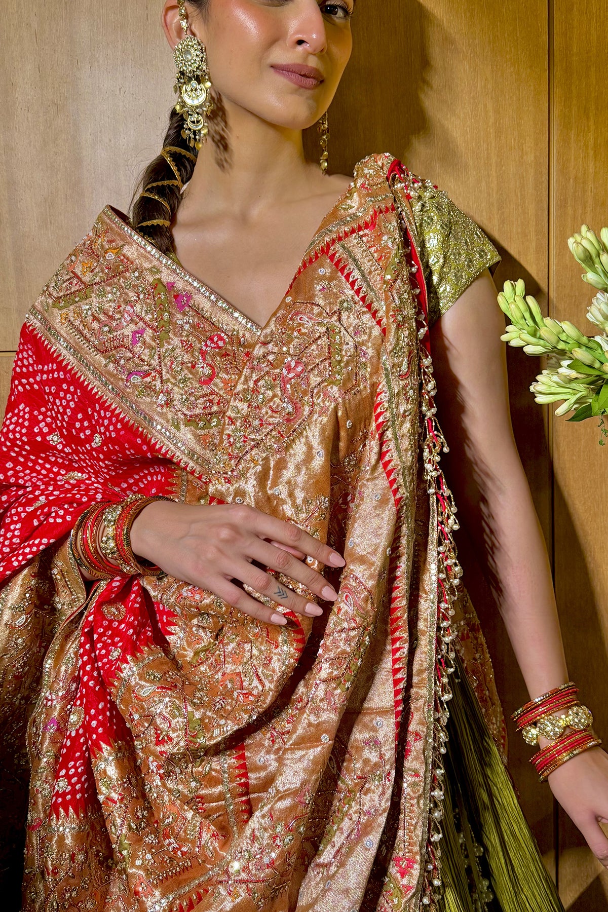 Seher Kochar In Mehndi Noor Lehenga with Red Paithani Bandhani Dupatta