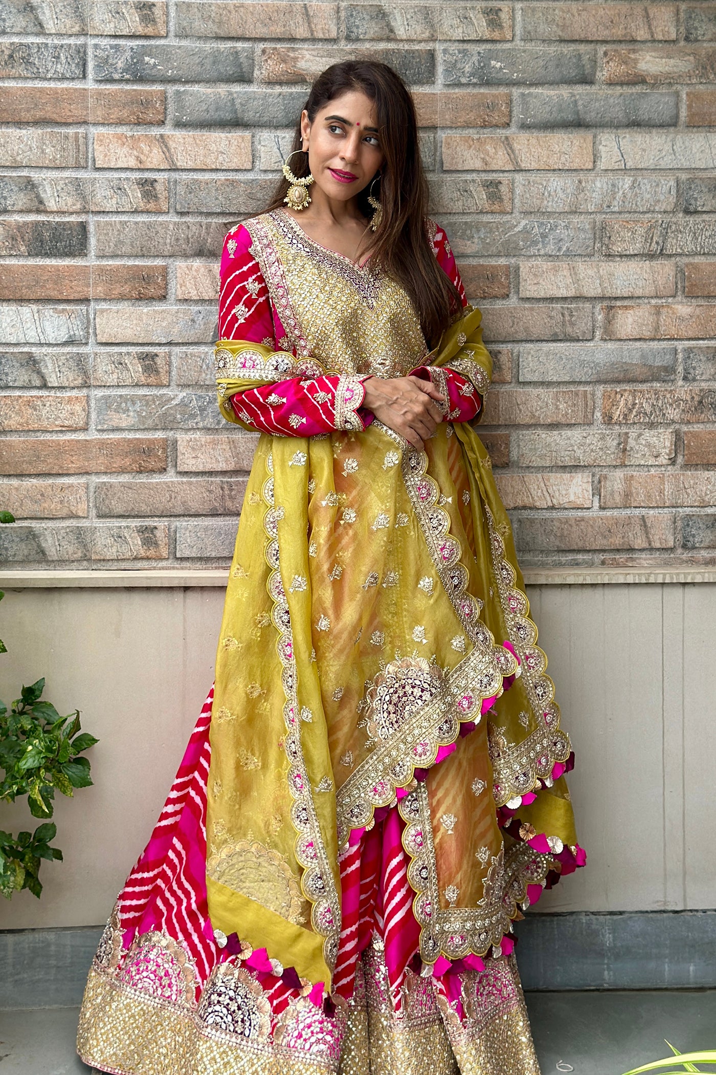 Red And Pink Silk Leheriya Sharara Set With Mustard Green Organza Dupatta