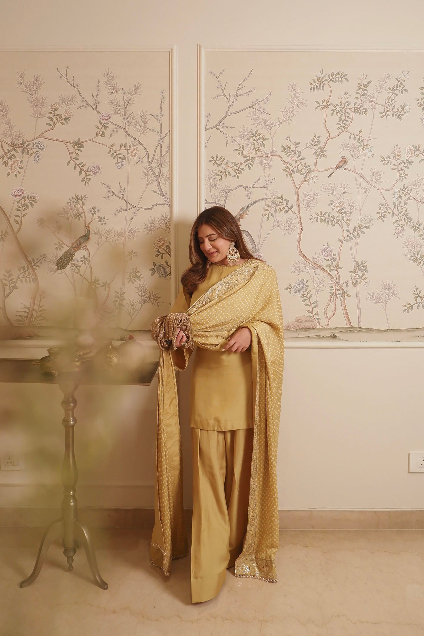 Olive Green Dupion Farsi Silk Kurta Set With Bandhani Dupatta