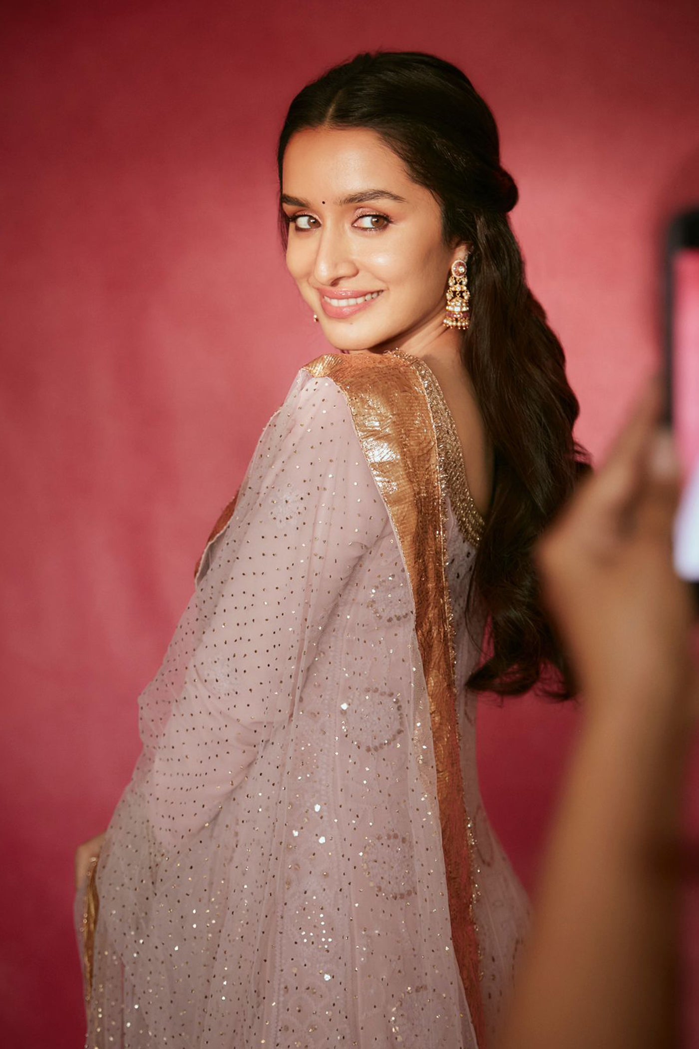 Blush Pink Chikan anarkali Set with net mukaish Dupatta