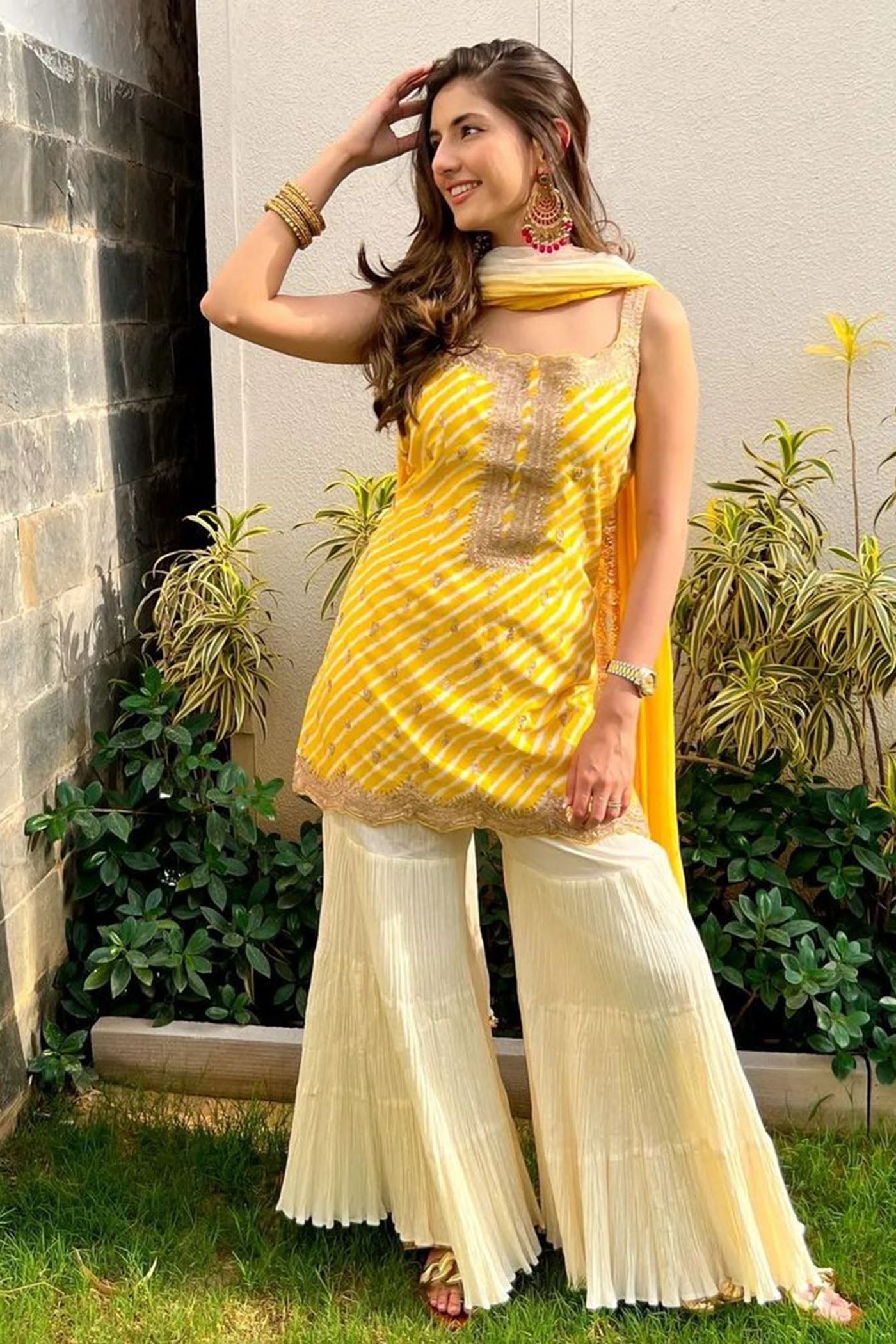Yellow Leheriya Kurta With Ivory Sharara