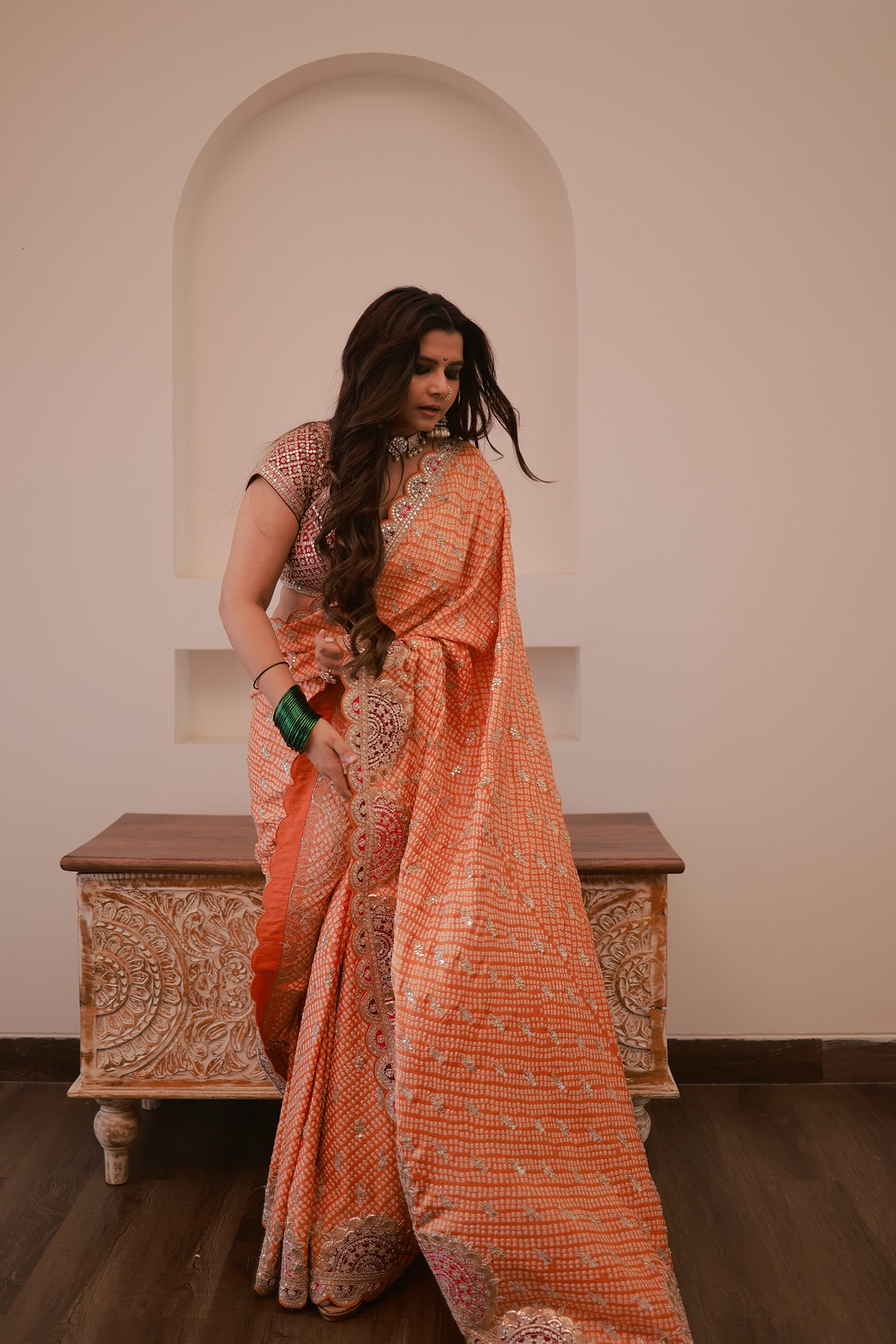 Orange Gajji Silk Bandhani Saree Set