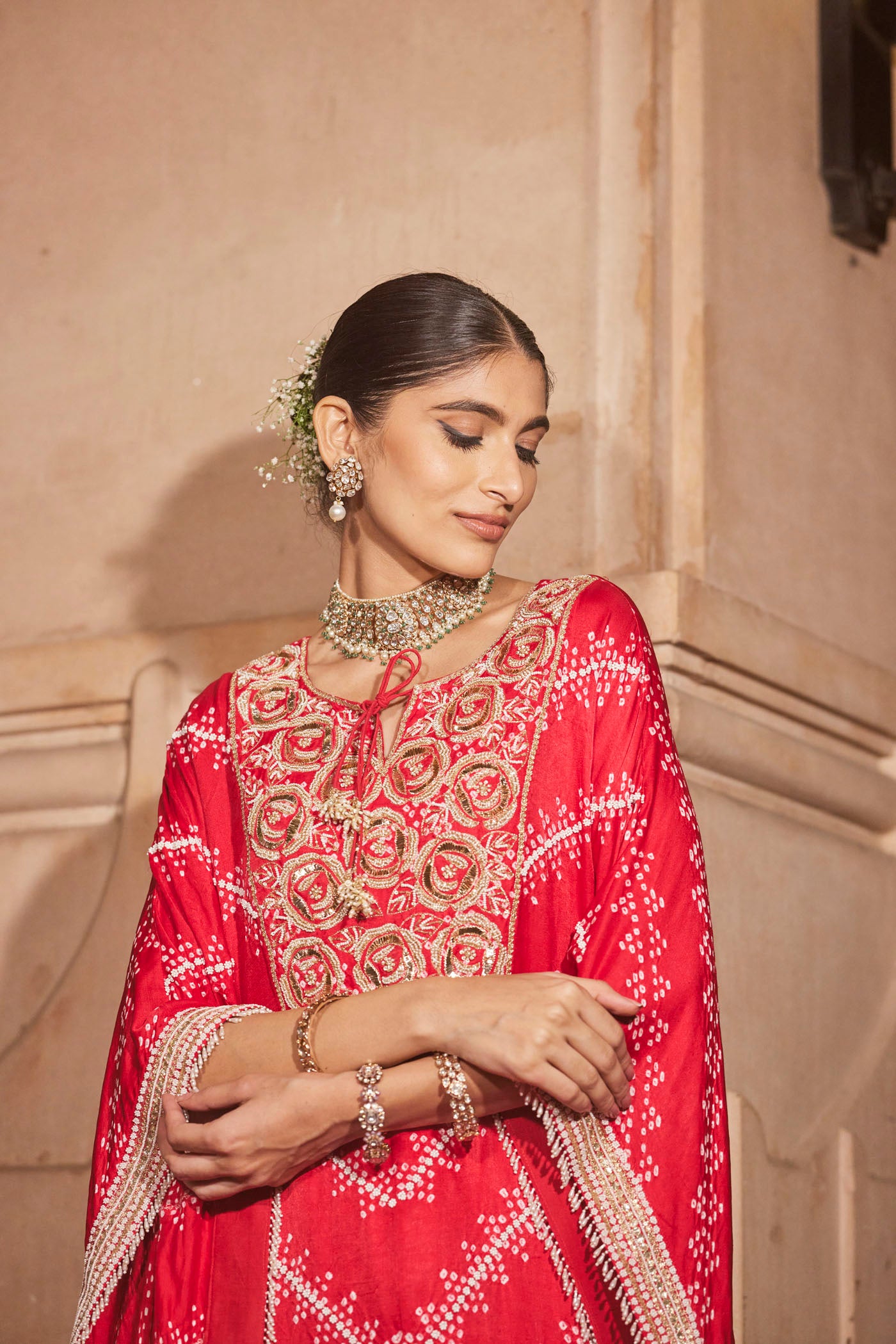 Red Bandhani Kaftan Set with Embroidery