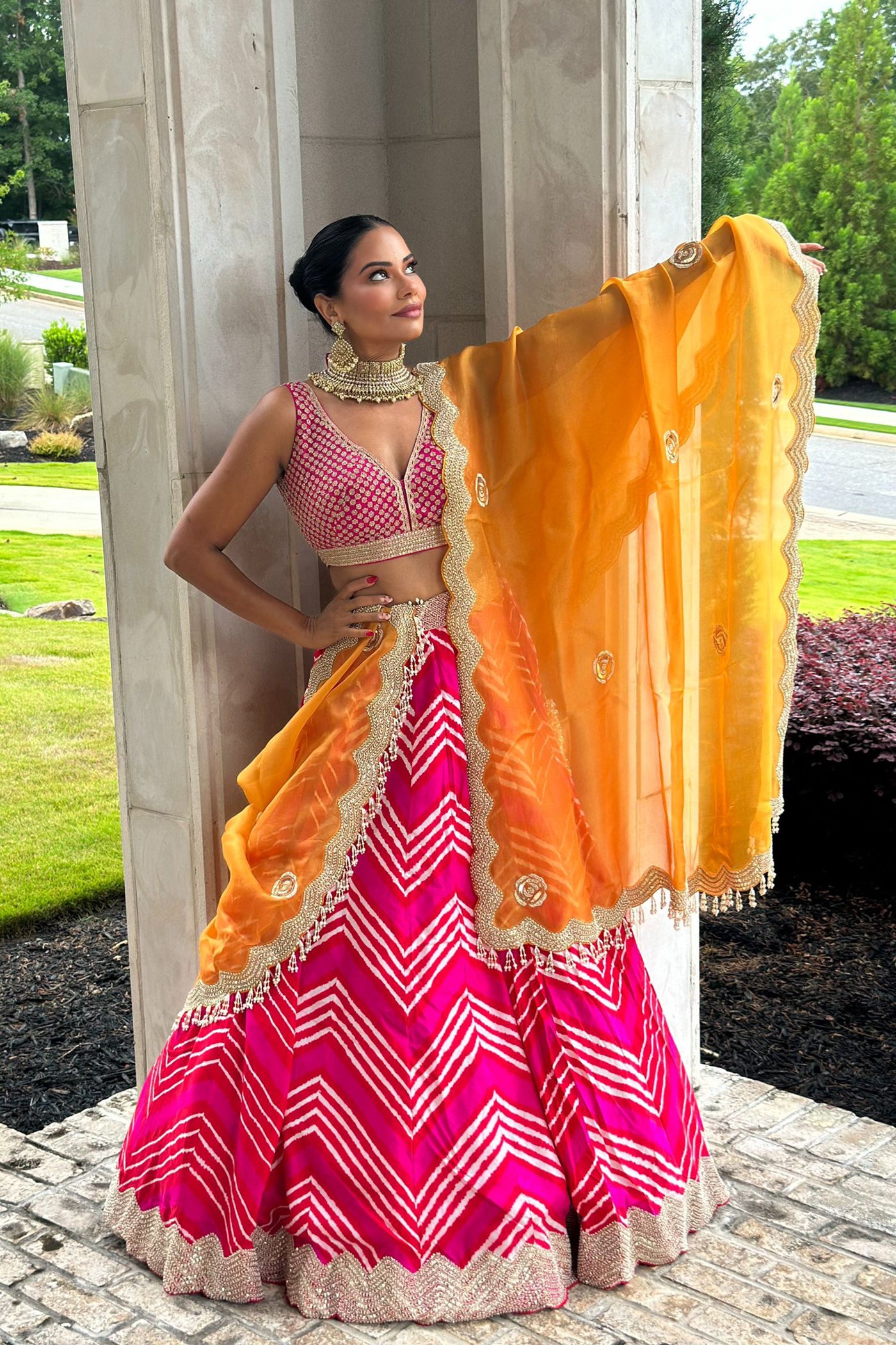 Leheriya Lehenga With Orange Organza Dupatta Set
