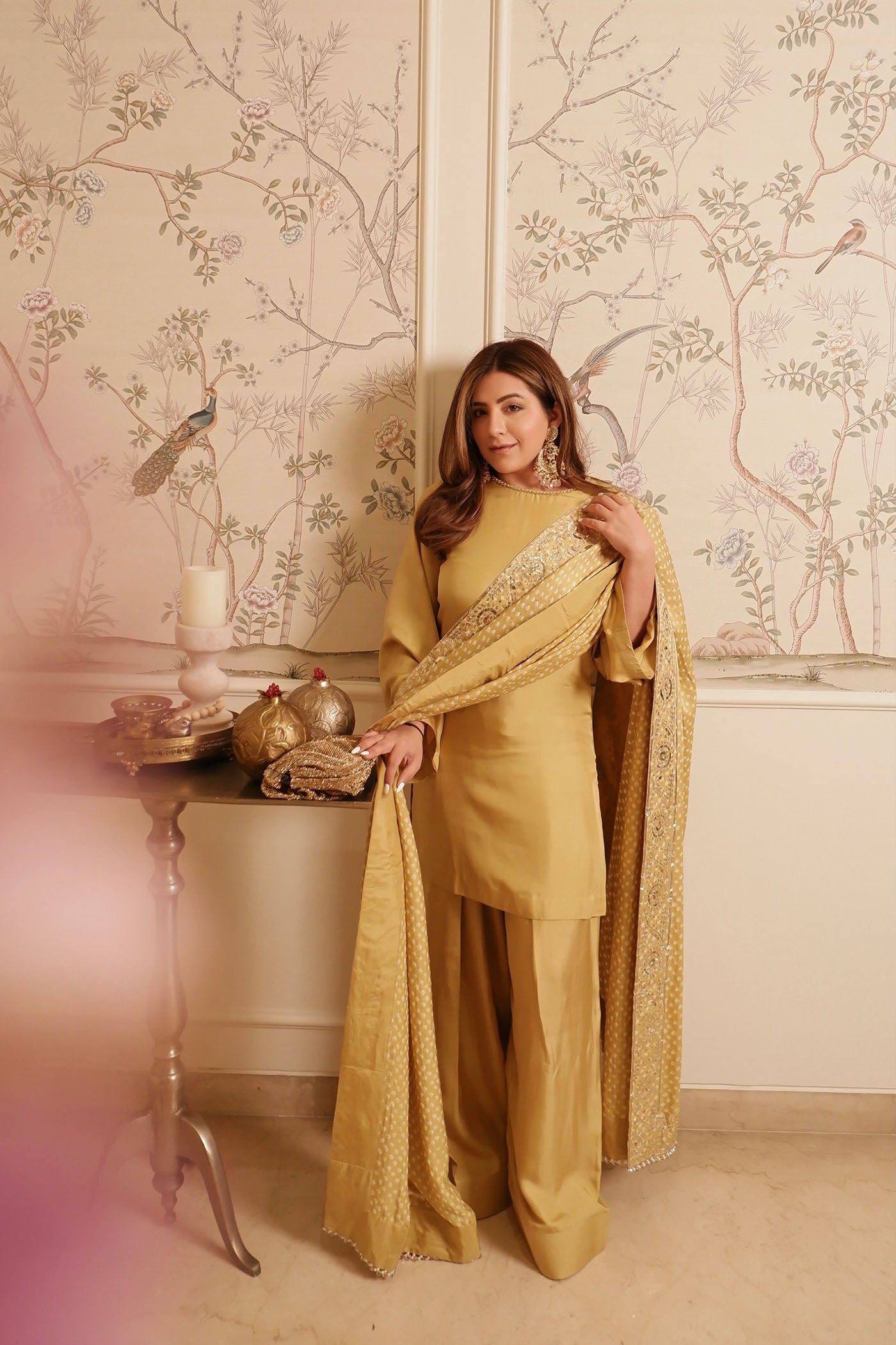 Olive Green Dupion Farsi Silk Kurta Set With Bandhani Dupatta