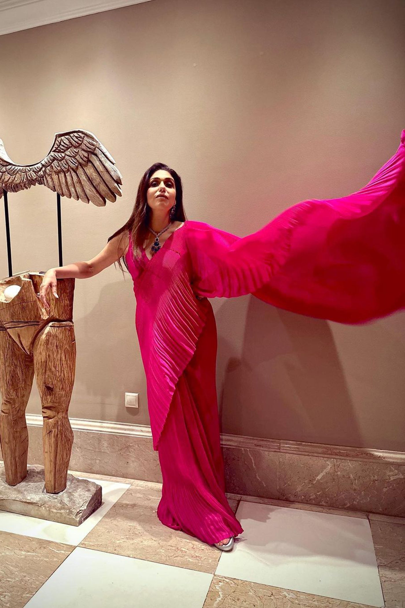 Pink Pleated Italian Silk Pre-Stitched Saree