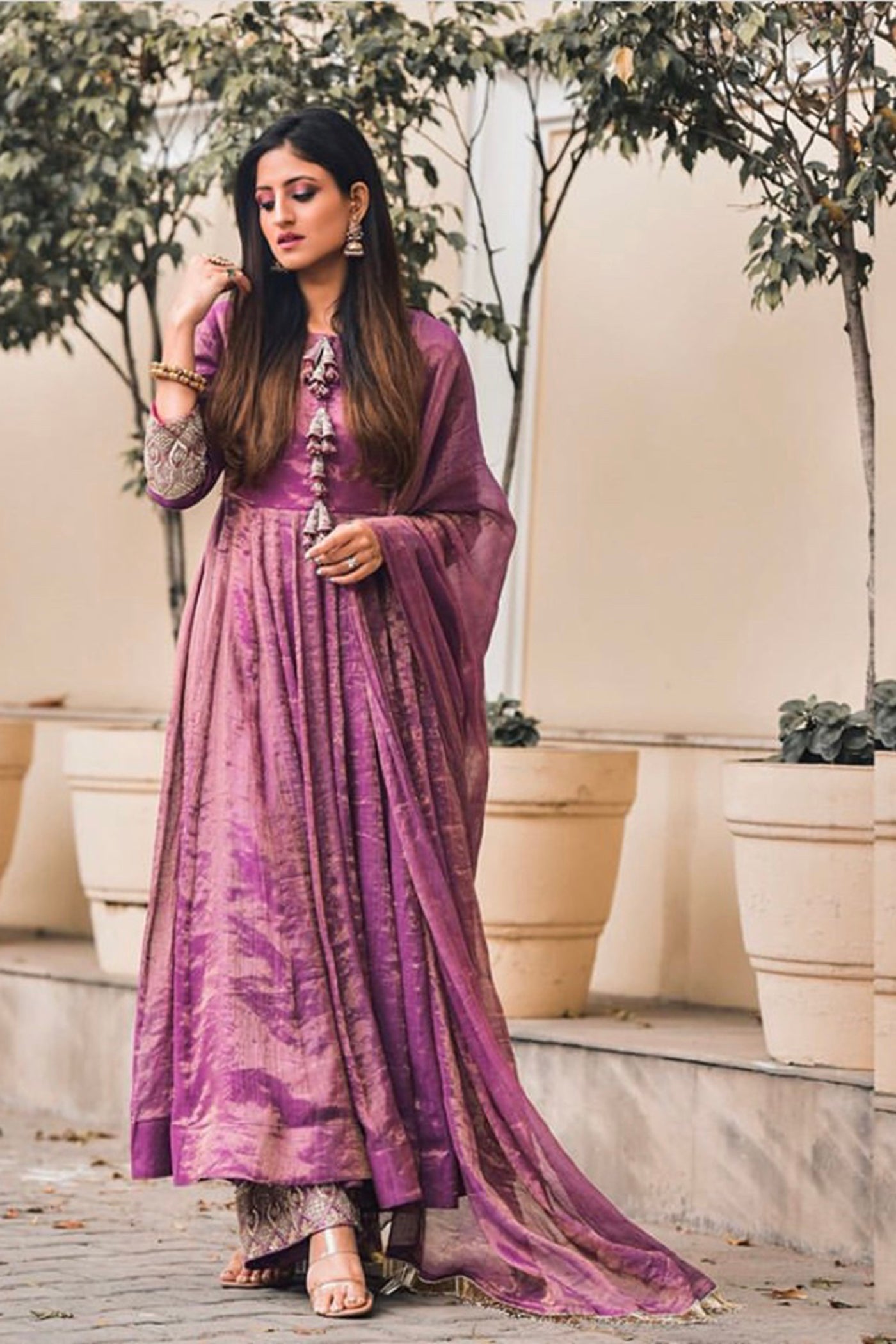 Purple tissue chanderi Anarkali Set