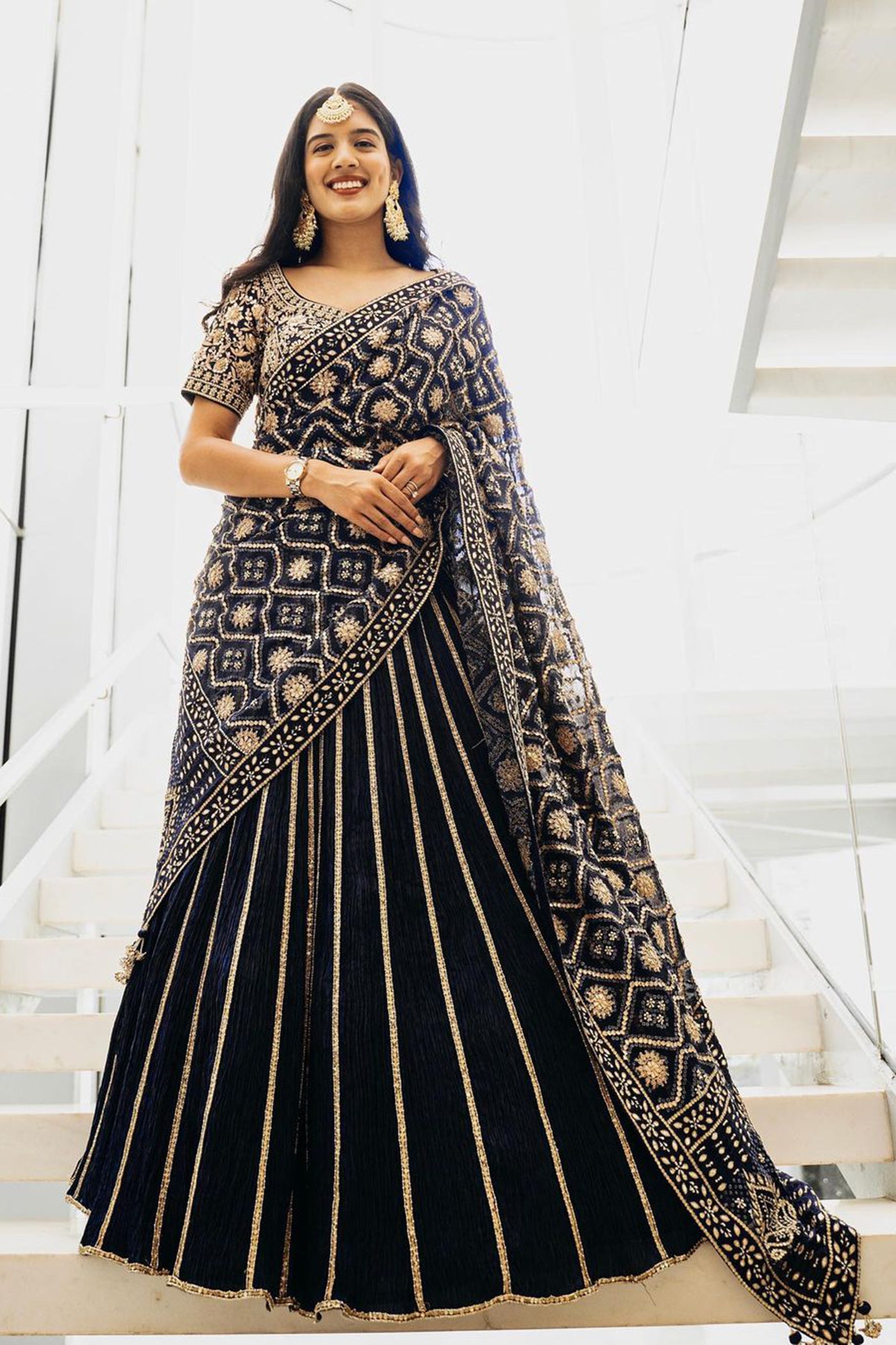 Dark Navy Blue Crushed Silk Lehenga Saree Set